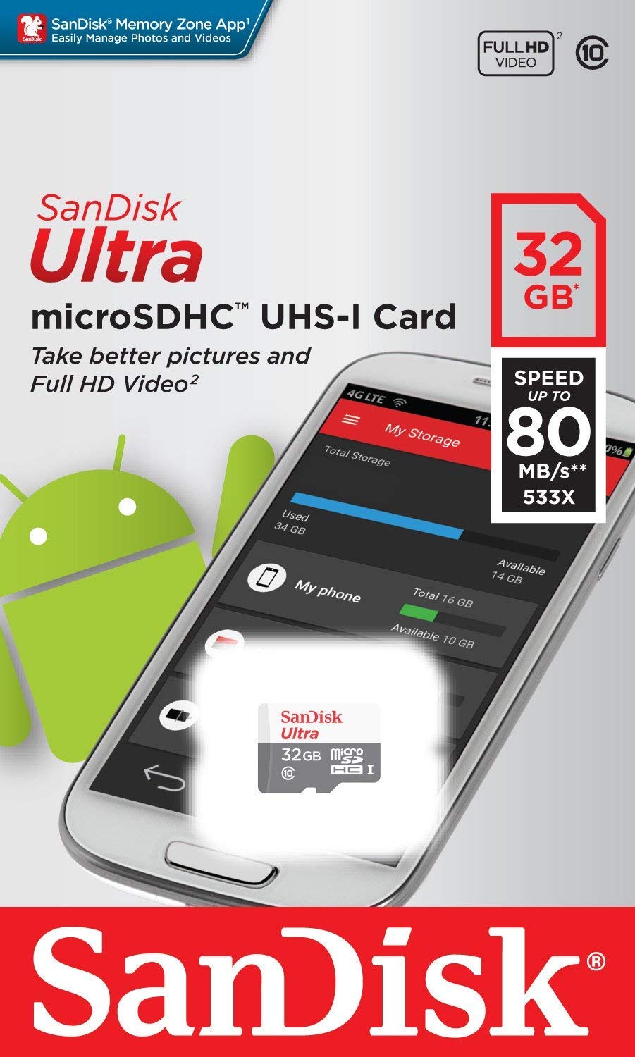 Sandisk 32GB Micro SDHC Ultra (10 Pack) MicroSD TF Flash Memory Card High Speed Class 10 (SDSQUNR-032G-GN3MN) Bundle with (1) Everything But Stromboli