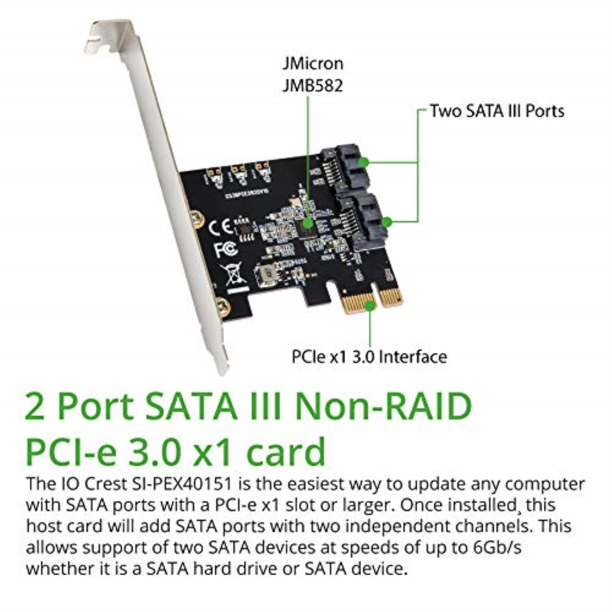 2 Port SATA III Expansion Card with Low Profile Bracket - 6Gbps SATA 3.0 Controller PCI Express x1 Jmicro Chipset for Windows10/8/7/XP/Vista/Linux