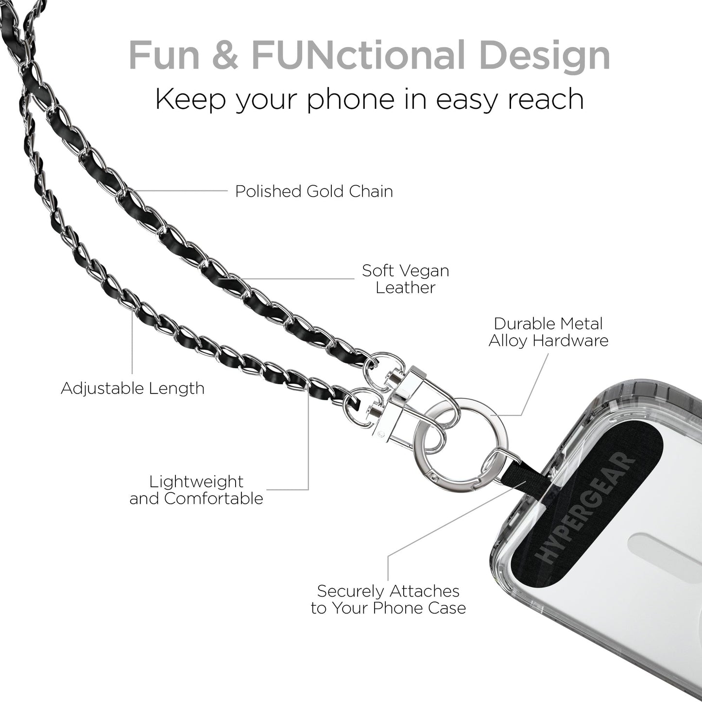 HyperGear Crossbody Phone Lanyard Strap Hands-Free Theft Secure Cell Phone Crossbody for Gym, Concerts & Travel [iPhone, Galaxy, Pixel] (Silver/Black