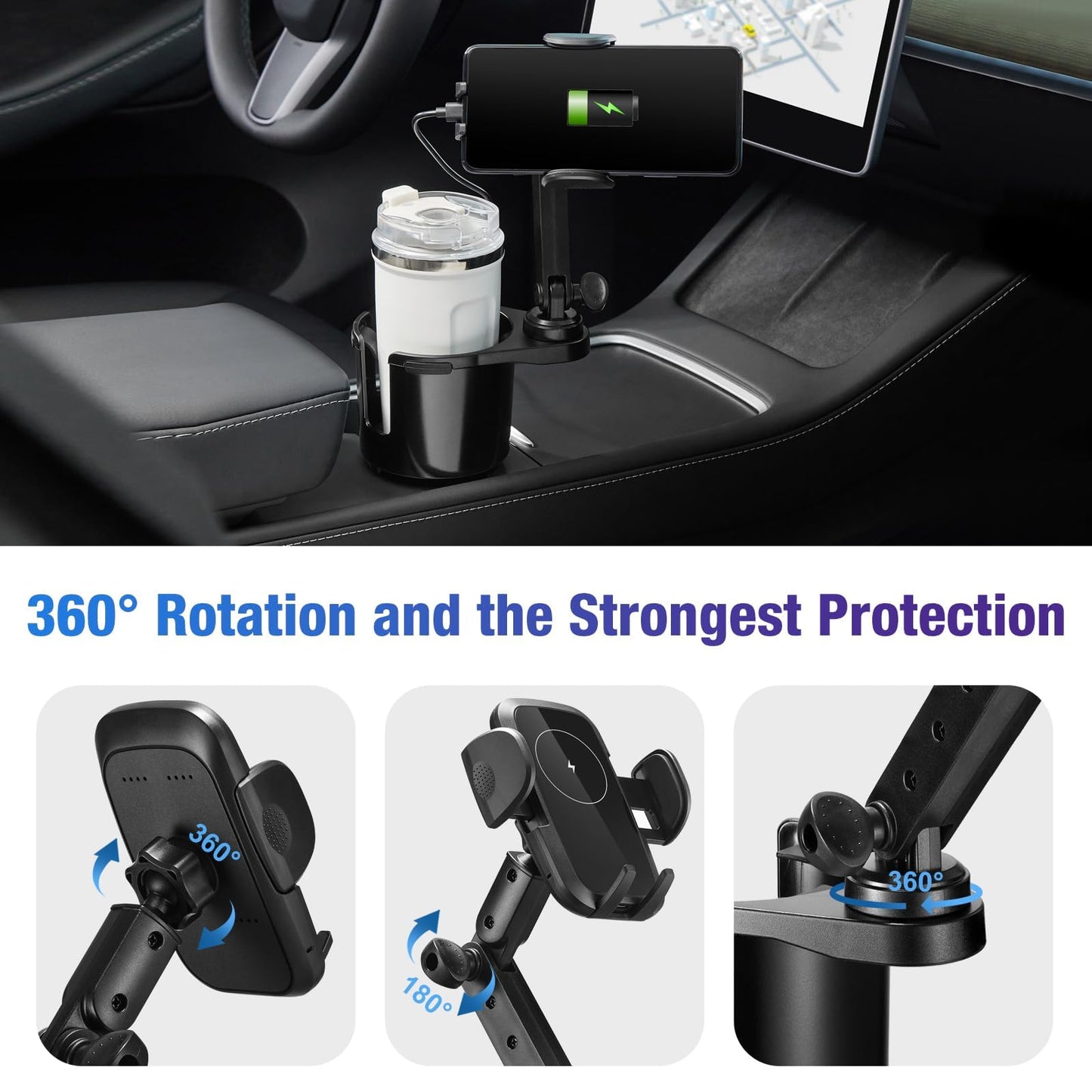 This Hill Cup Holder Phone Charger, 15W Fast Charging Auto Clamping, Phone Holder for Cup Holder Charger with Adjustable Base & 360° Rotation
