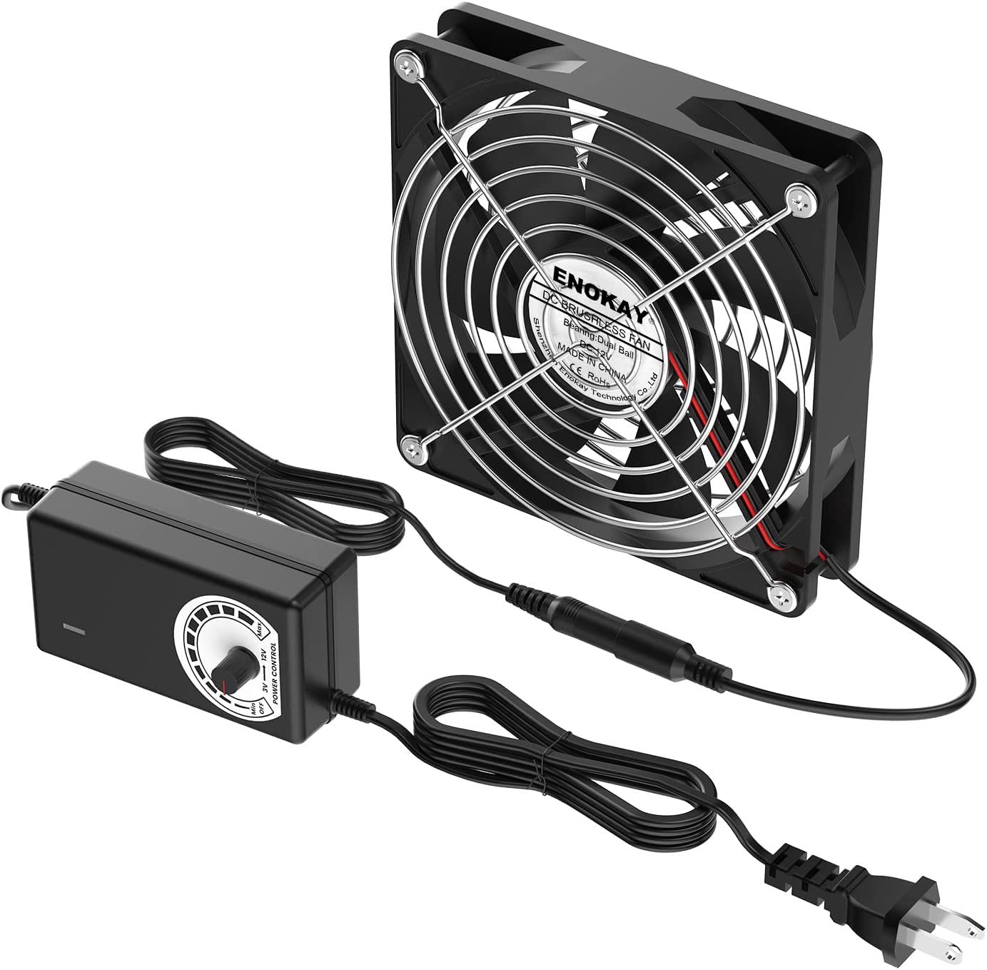 Enokay 120mm DC 12V Powered Fan with AC 100V 240V Adjustable Speed Controller 3000RPM High Speed Big Air Flow for DIY Cooling Ventilation Air Exchange