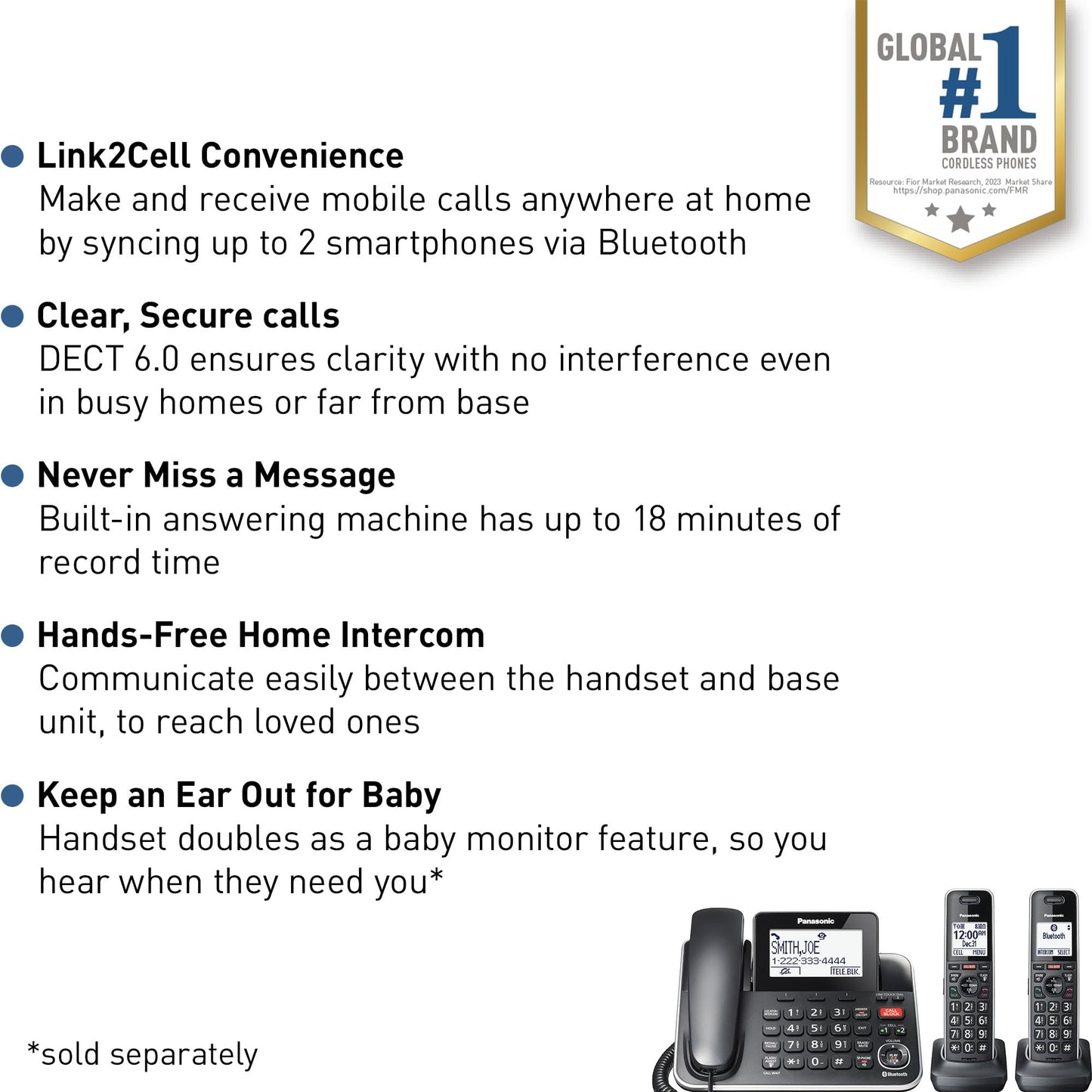 Panasonic Link2Cell Expandable Corded Cordless Phone with Digital Answering System & Smart Call Blocker, One Corded Base Unit and Two Cordless