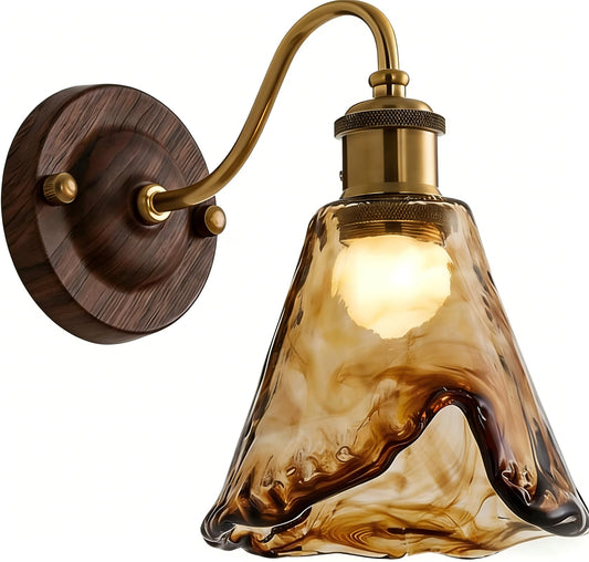 FONSHUKYY French Vintage LED Wall Sconce Light Fixture with Amber Glow Glass Shade - Hardwired 40W - for Living Room, Bedroom, Hallway, Art Decor