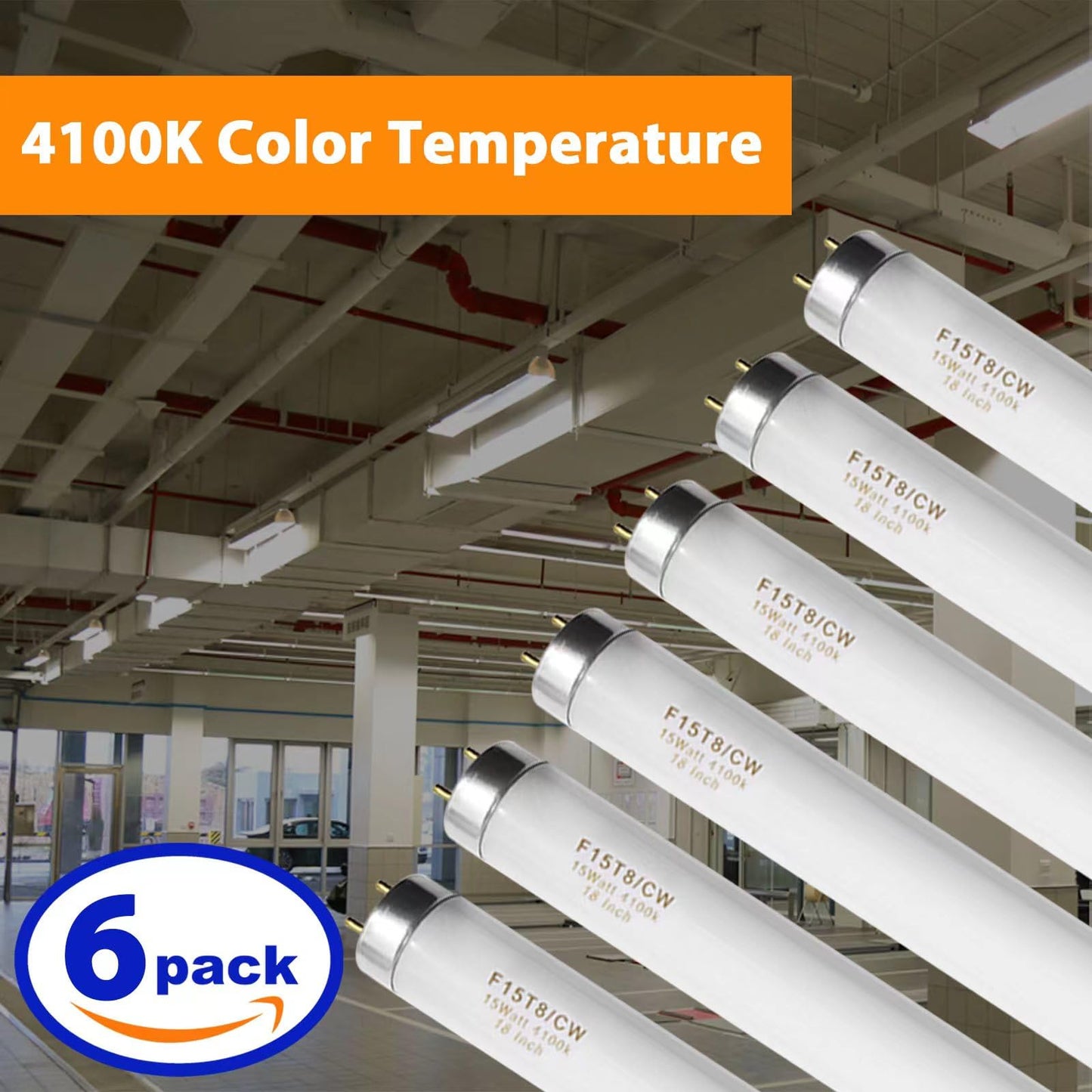 Konideke 18 Inch F15T8/CW T8 15W Fluorescent Light Bulb Cool White, F15T8/SP41 Replacement Bulb for Garage, Office, Kitchen Under-Cabine, G13 Base 6