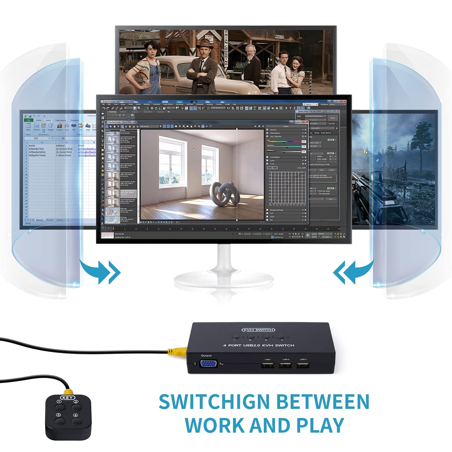 VGA KVM Switch 4 Port, USB VGA KVM Switcher for 4 Computers Share 1 Monitor 3 USB Devices Keyboard Mouse Scanner Printer, Including 4 KVM Cables &