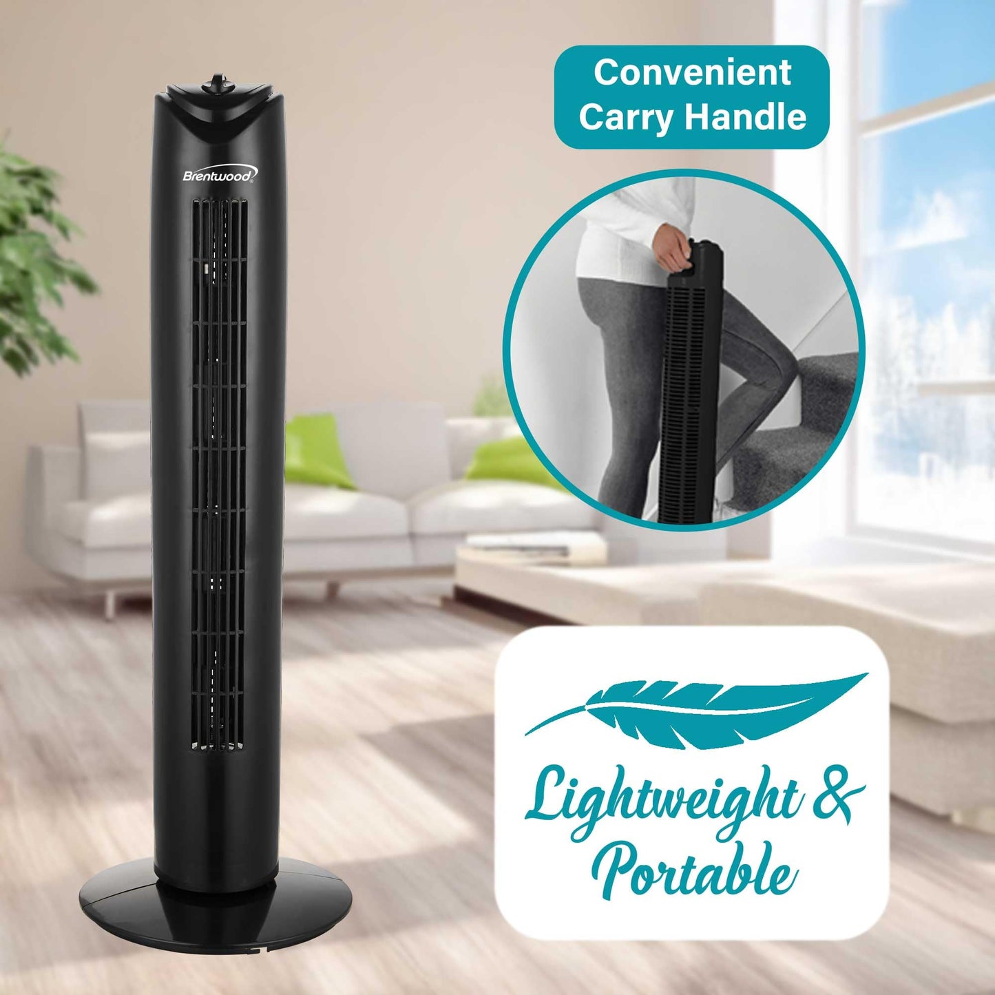 Brentwood 32” Portable Quiet Tower Fan with 3-Speeds, Powerful 16 FT/S Velocity, Wide 60° Oscillation, 2H Timer, Built-in Carry Handle (Black)