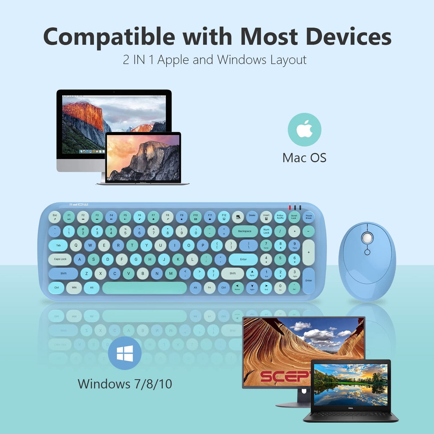 MOFII Wireless Keyboard and Mouse Combo, Compact 2.4G USB Full Size, Cute 110 Keys Keyboard for PC, Notebook, MacBook, Tablet, Laptop, Windows-Blue