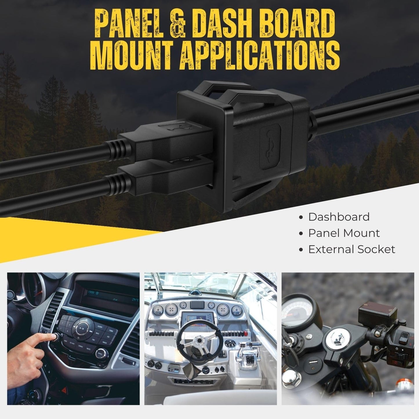 TNP Dual USB 3.0 Flush Mount Cable w/Buckle (Square)- Dashboard Panel Dash Mount 2 Ports Dual USB Socket Plug Jack Connector Extension Wire Cord Water