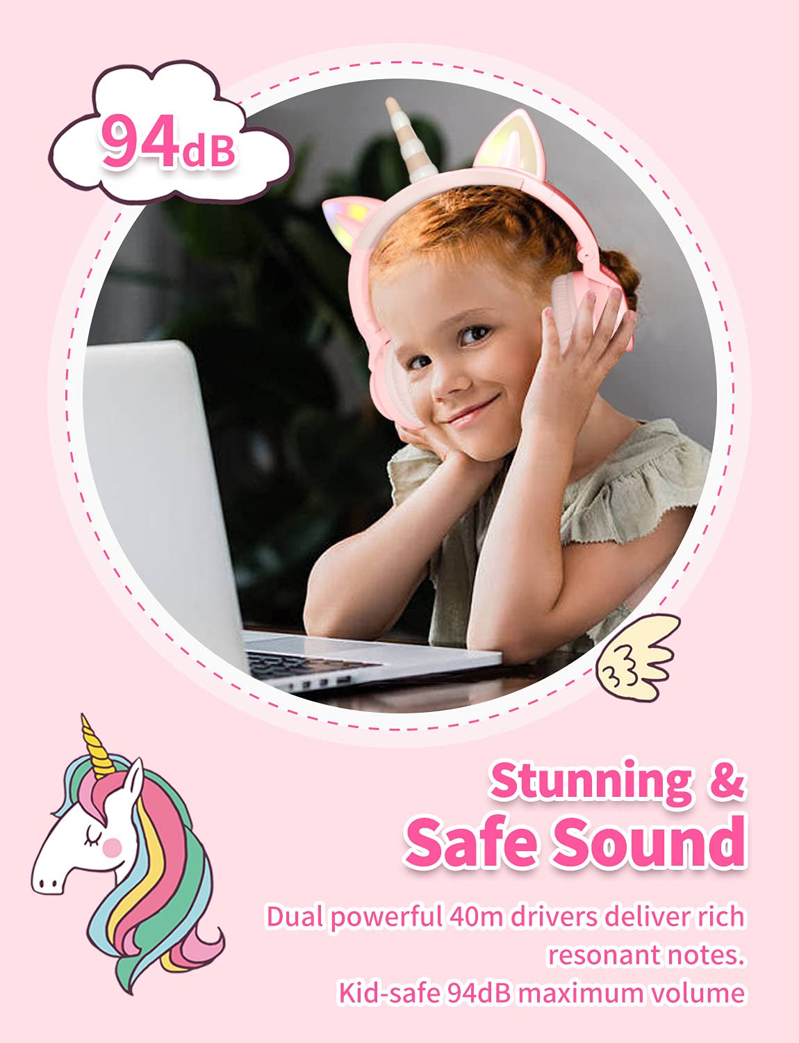 YUSONIC Unicorn Kids Headphones for Girls, Unicorn Bluetooth Headphones Foldable for Girls Toddlers Tablet/pad/Amazon fire,Light Up Kids Wireless…