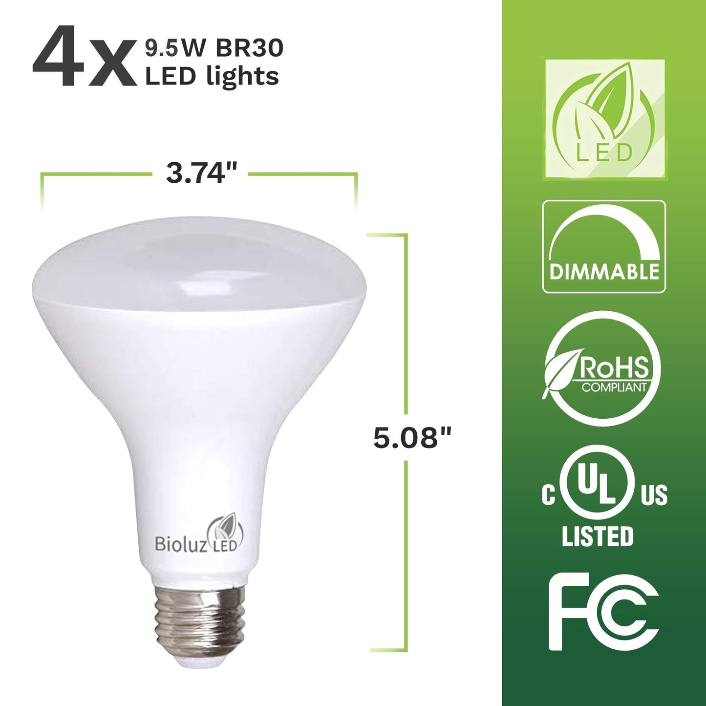 Bioluz LED 4 Pack BR30 LED Bulbs Indoor Flood Lights 90+ CRI 75W Equivalent uses 9.5W 3000K Soft White 850 Lumens E26 Base Dimmable Instant On