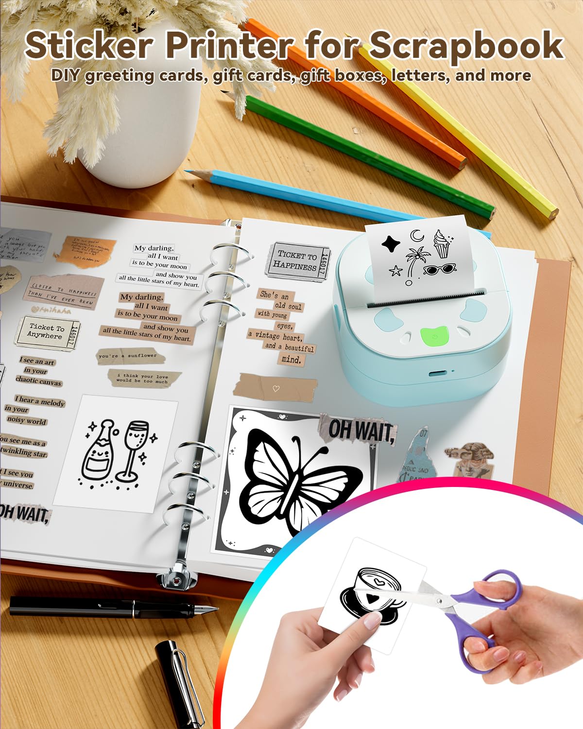 NDYIN Sticker Printer, PrintPods Mini Printer, Bluetooth Portable Sticker Maker with 3 Rolls Paper, Print Pod Inkless Thermal Printer for iPhone