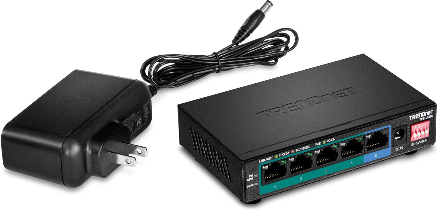 TRENDnet 5-Port Gigabit Long Range PoE+ Switch, TPE-LG50, 4 x PoE+ Ports, 1 x Gigabit Port, Camera DIP Switch extends PoE+ 200m (656 ft.), (Renewed)