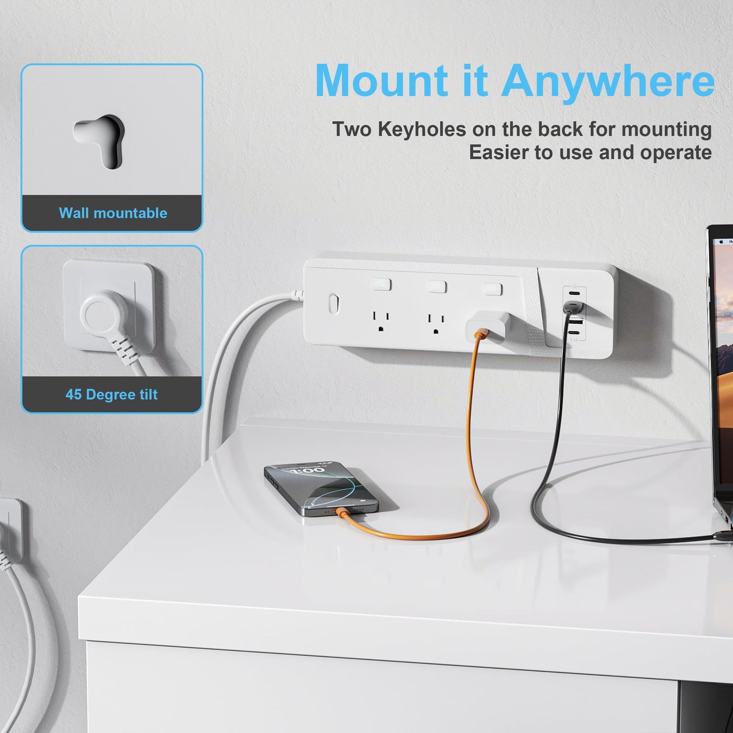 Extension Cord 6 ft Power Strip with 6 Widely AC Outlets 4 USB(2 USBC), Flat Plug Extension Cord with Multiple Outlets, Individual Switches, Desk