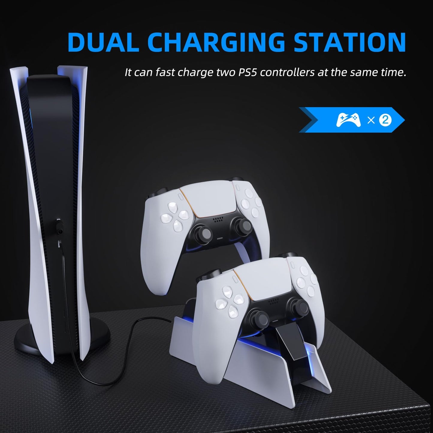afbptek PS5 Controller Charging Station Dock, Dual Charging for Dualsense, playstation 5 Wireless Accessories with Blue LED ON/Off Automatically
