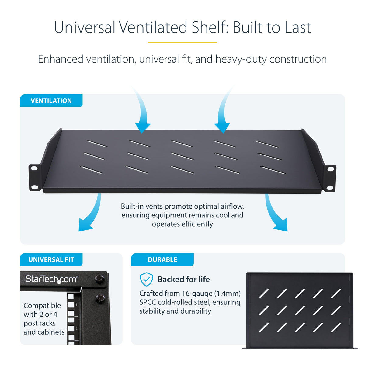 StarTech 1U Vented Server Rack Shelf, 12in, 25lb (CABSHELFV1U-12-RACK)