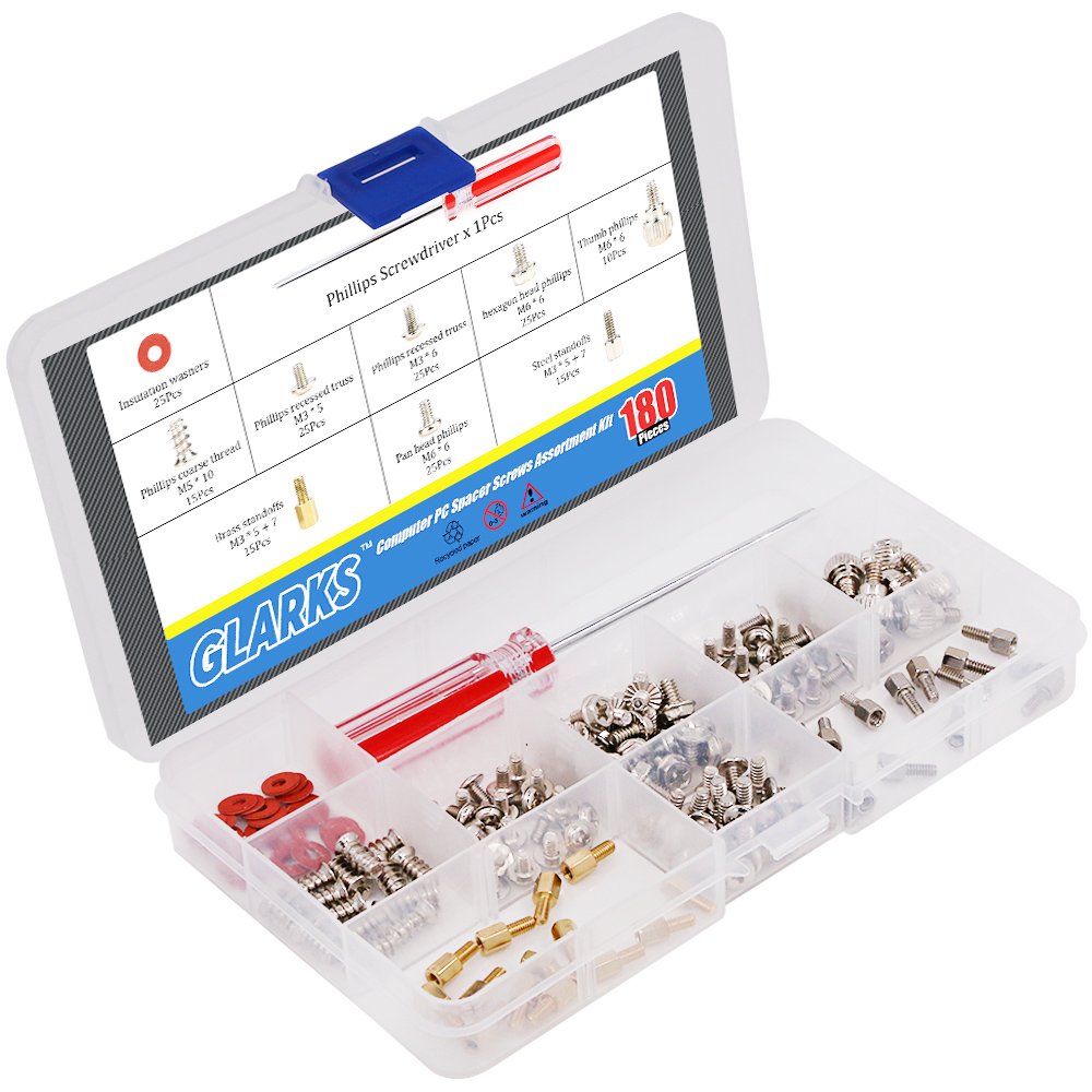 Glarks 180-Pieces Phillips Head Computer PC Spacer Screws Assortment Kit for Hard Drive Computer Case Motherboard Fan Power Graphics (Extra: Phillips