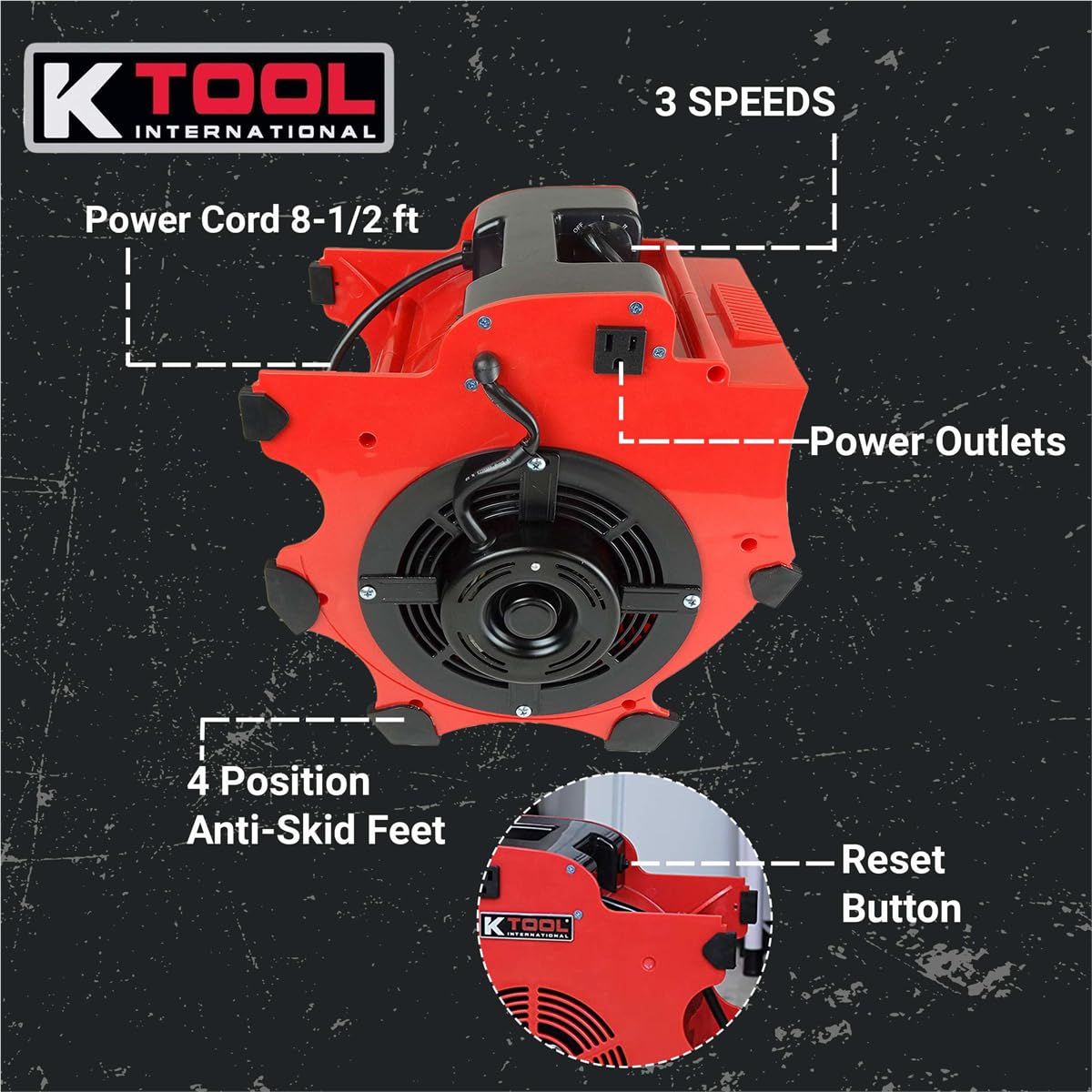 K Tool International 77700 Big Chill Workforce Blower Floor Fan, 1200 CFM, 3 Speed Motor, Overload Protection, Impact Resistant ABS, 300 Watt