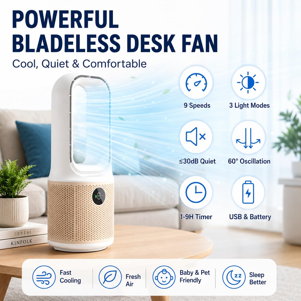 Bladeless Desk Fan, USB Rechargeable, Quiet, 9 Speeds, 60° Oscillation