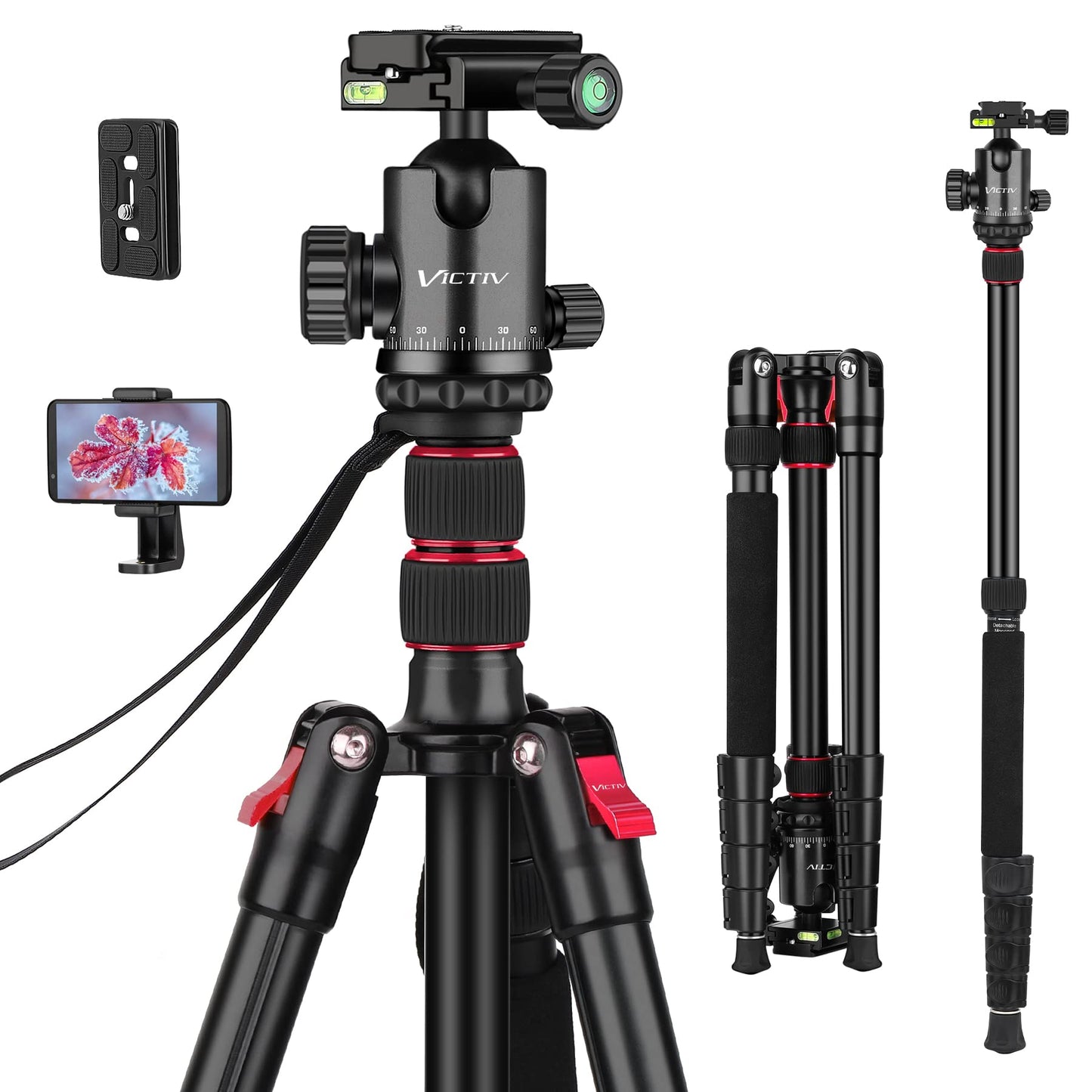 Professional Tripod for Camera, Victiv 81 inch Aluminium Compact Travel Camera Tripod Monopod Heavy Duty with Phone Mount, Compatible with Canon Nikon