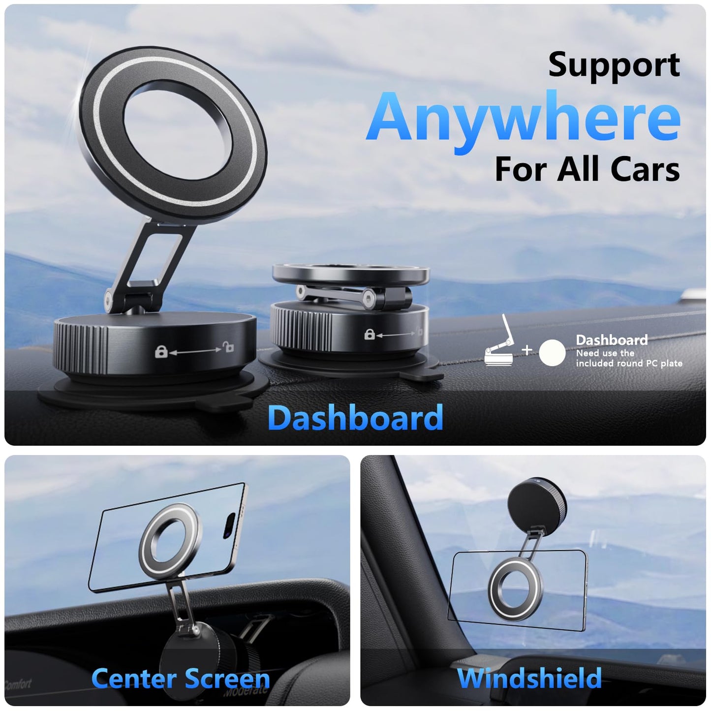 TBCR Vacuum Suction Cup Phone Mount, 360° Adjustable Magnetic Phone Holder for Car - [89+lbs Strongest Suction & 2800gf Magnetic] Swivel Lock