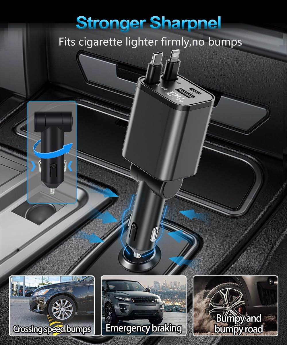 4 in 1 Retractable Car Charger,Super Fast Charging Car Chargers ?with 2 Retractable Cords and 2 UBS Port, Car Adapter for iPhone 16/15/14/13/12 Series