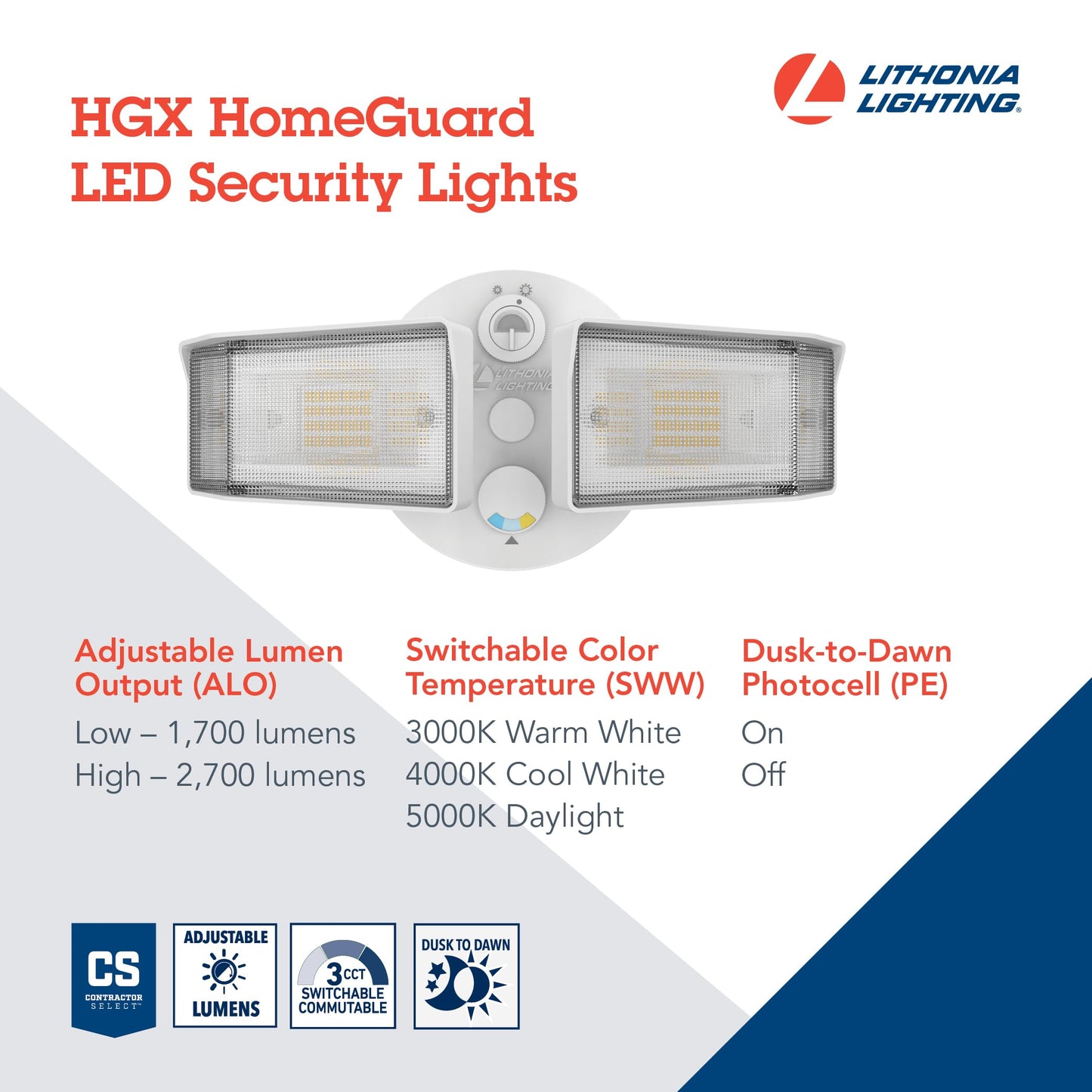 Lithonia Lighting HomeGuard 2-Light LED Outdoor Flood Lights, Outdoor LED Lights, Dusk to Dawn Sensor, Adjustable Lumens, Selectable Color, Square