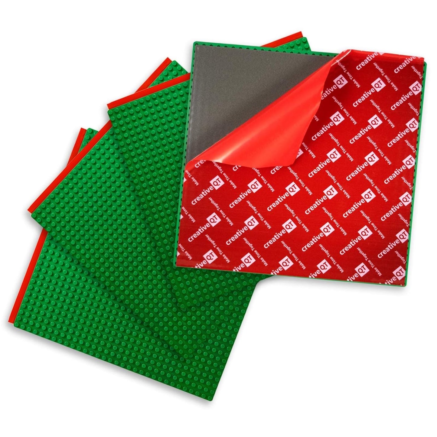 Creative QT MakerBase 4-Pack Green 10"x10" – Peel & Stick Stackable Baseplates for Play Tables, Walls & More, Compatible with Bricks