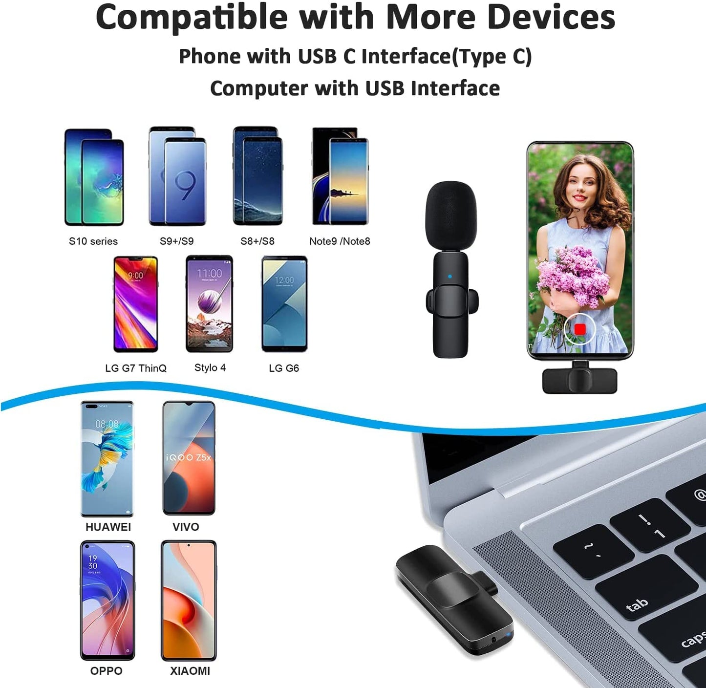 MAYBESTA Wireless Lavalier Lapel Microphone for iPhone Android Phone Laptop - Bluetooth Mini Mic with USB C Interface for YouTube Tiktok Video
