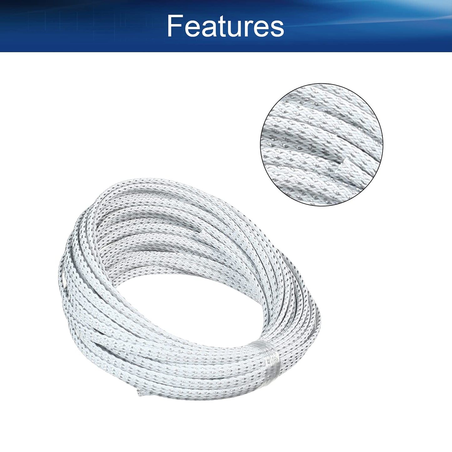 Bettomshin 1Pc 32.8Ft(10m) Cable Management Sleeve, 3/16"(4mm) Width PET Silver & White Cord Protector, Wire Loom Tube Insulated Split Sleeving