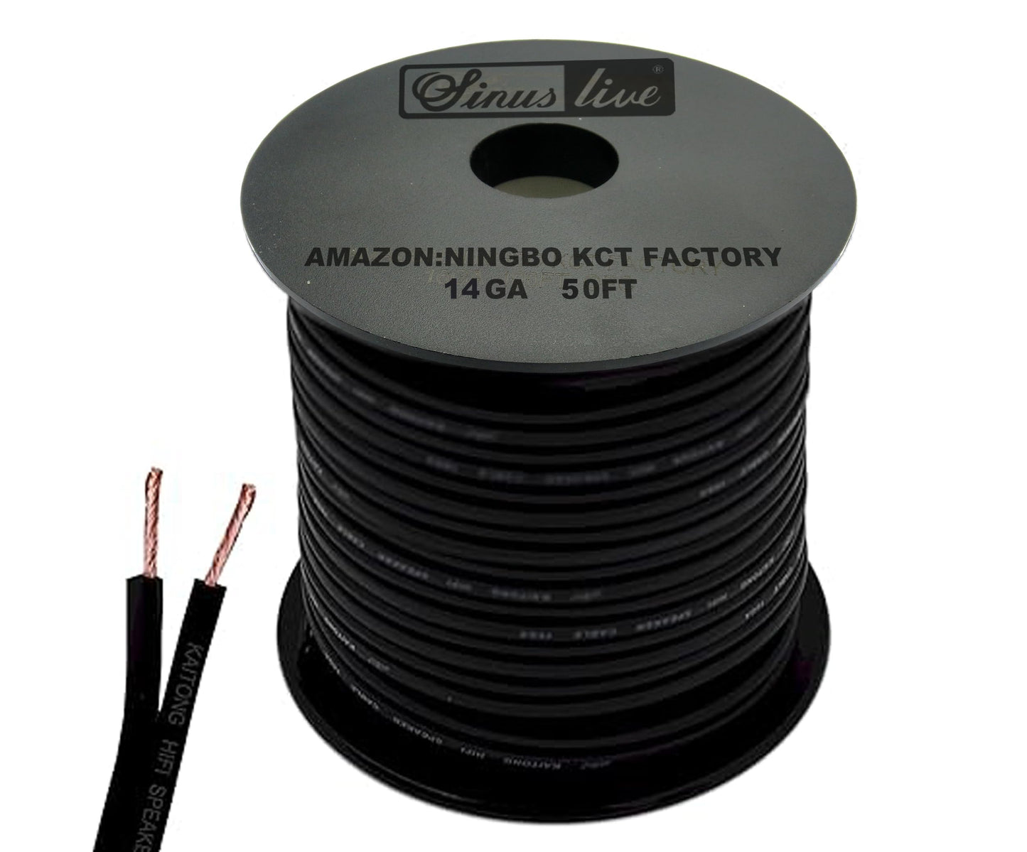 SINUS LIVE 14AWG Gauge Speaker Cable Speaker Wire Black 50FT 100FT (50FT), Elastic PVC, Great Use for Car Speakers Stereos, Home Theater Speakers