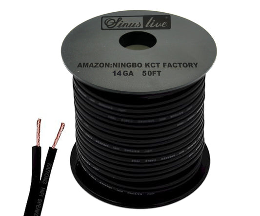SINUS LIVE 14AWG Gauge Speaker Cable Speaker Wire Black 50FT 100FT (50FT), Elastic PVC, Great Use for Car Speakers Stereos, Home Theater Speakers