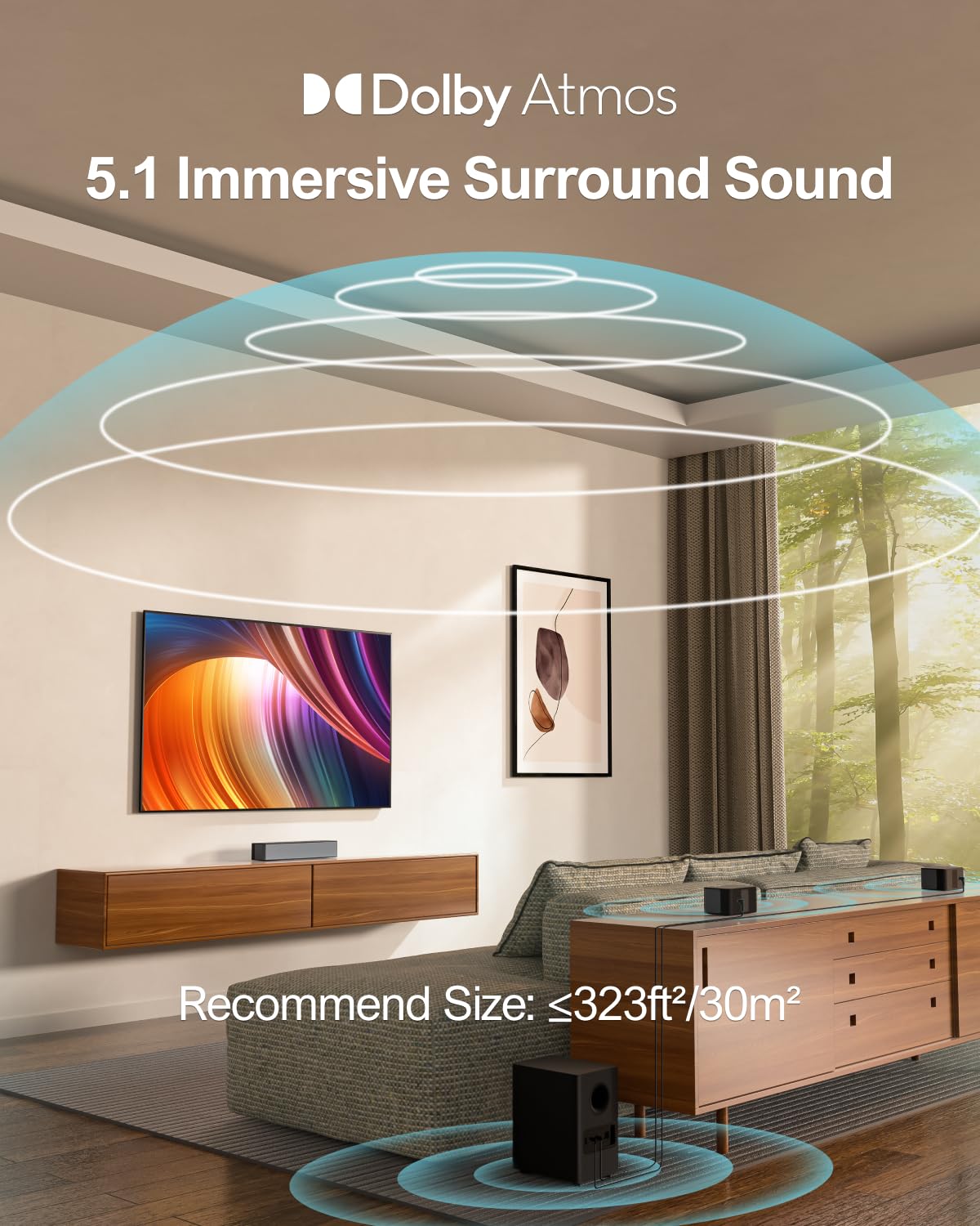 ULTIMEA 5.1 Sound Bar with Dolby Atmos, 410W Surround Sound System for TV, 3D Sound Bars for Smart TV with Subwoofer, Adjustable Surround and Bass