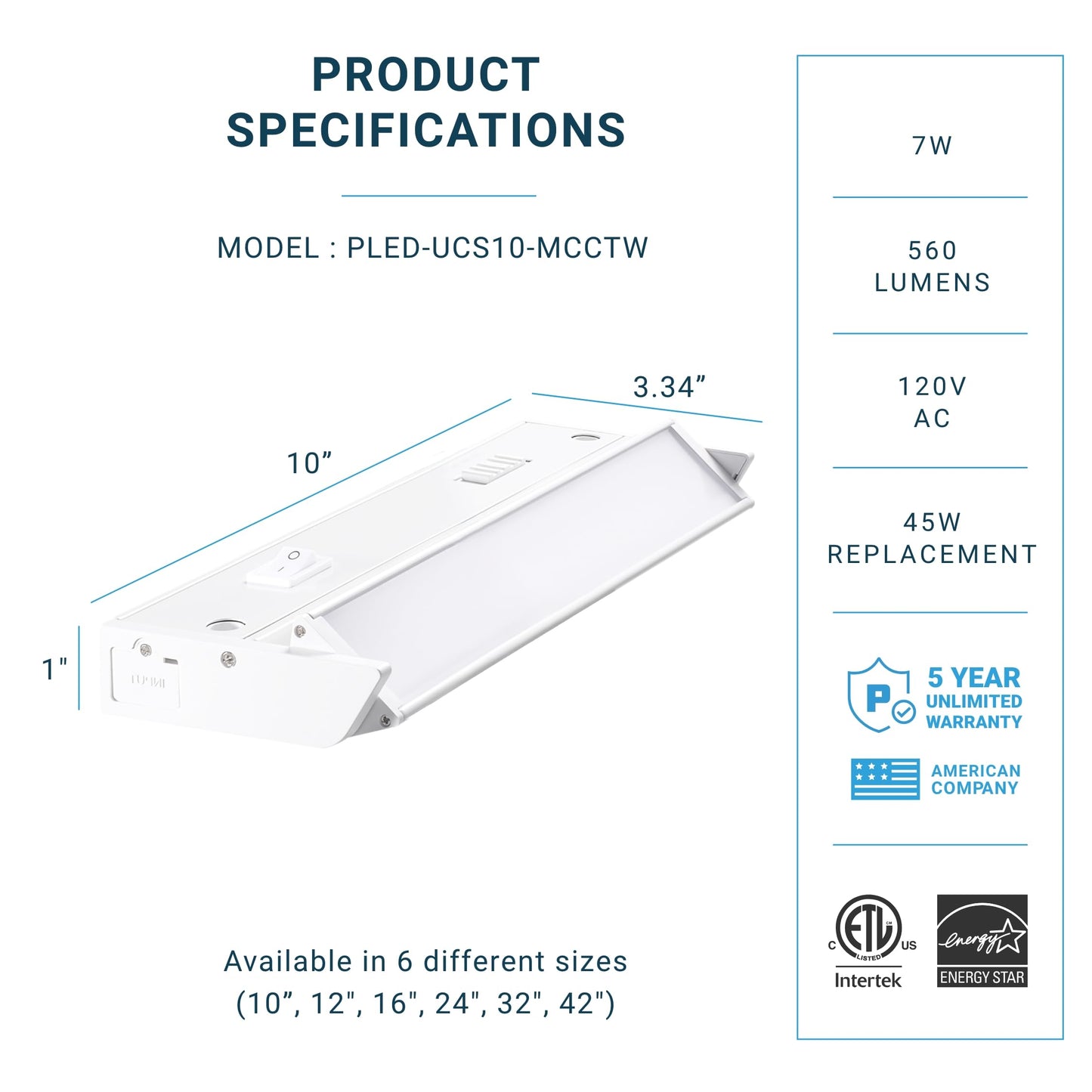 PARMIDA LED Swivel Under Cabinet Lighting, Hardwired or Plug-in Installation, 10 Inch, 7W, 5CCT Color Selectable - 2700K/3000K/4000K/5000K/6000K