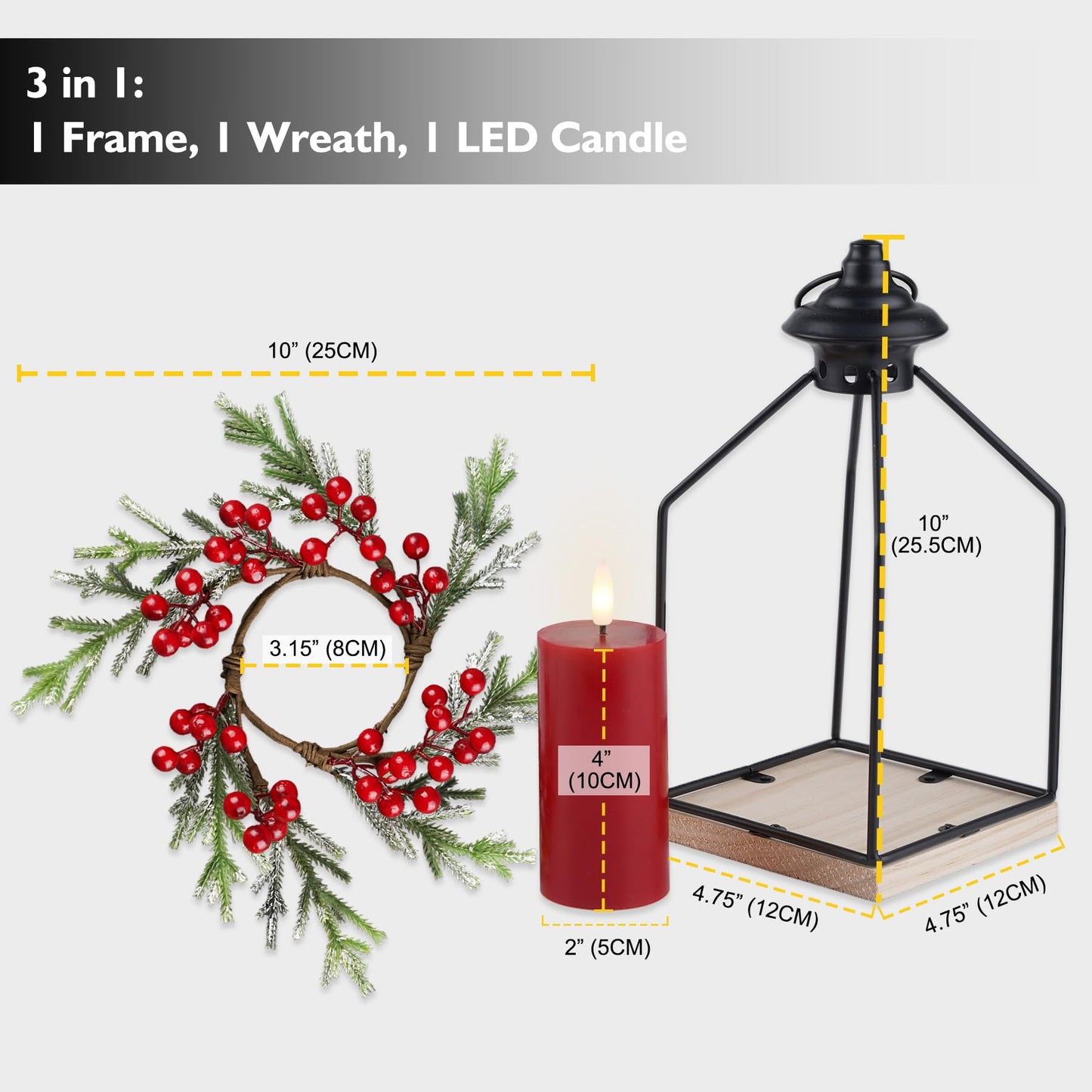 Rhytsing Christmas Table Centerpieces, H10 Inches Decorative Lantern with Real Wax Red LED Flameless Candle and Christmas Cedar Candle Ring, Battery