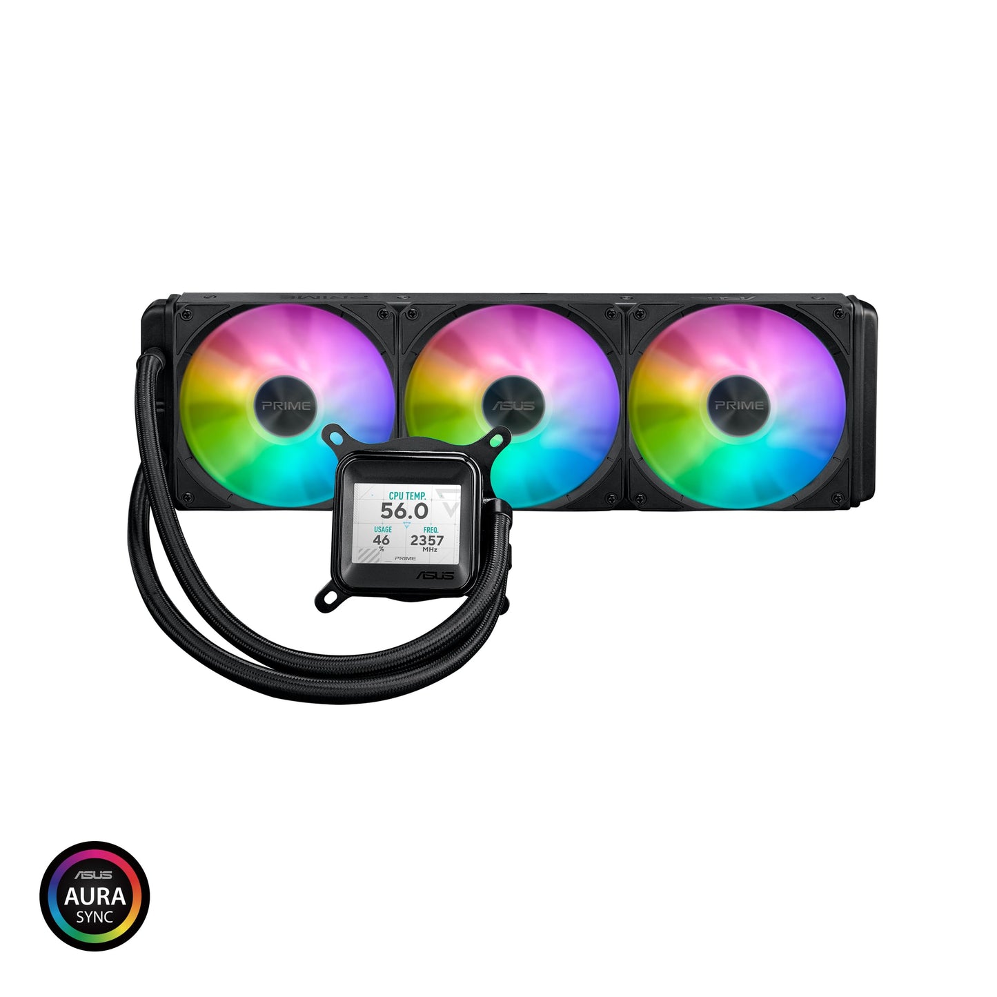 ASUS Prime LC ARGB LCD All-in-one CPU Liquid Cooler with Sharp Screen showcasing CPU & GPU Information with Different Background, high-Performance