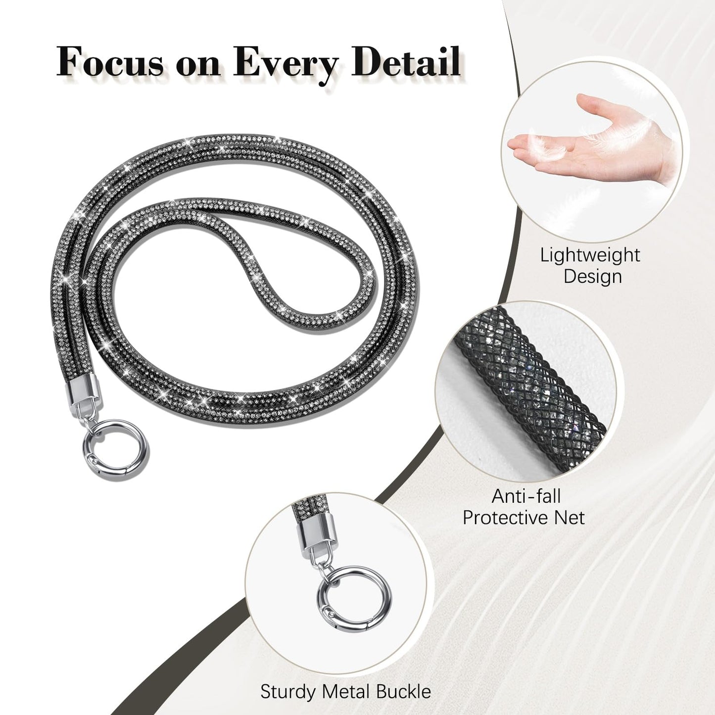 TiMOVO Universal Phone Lanyard Crossbody, Rhinestone Cell Phone Chain Anti-Theft with 1× Shiny Phone Strap, 1× Wrist Strap, 2× Pads for Most