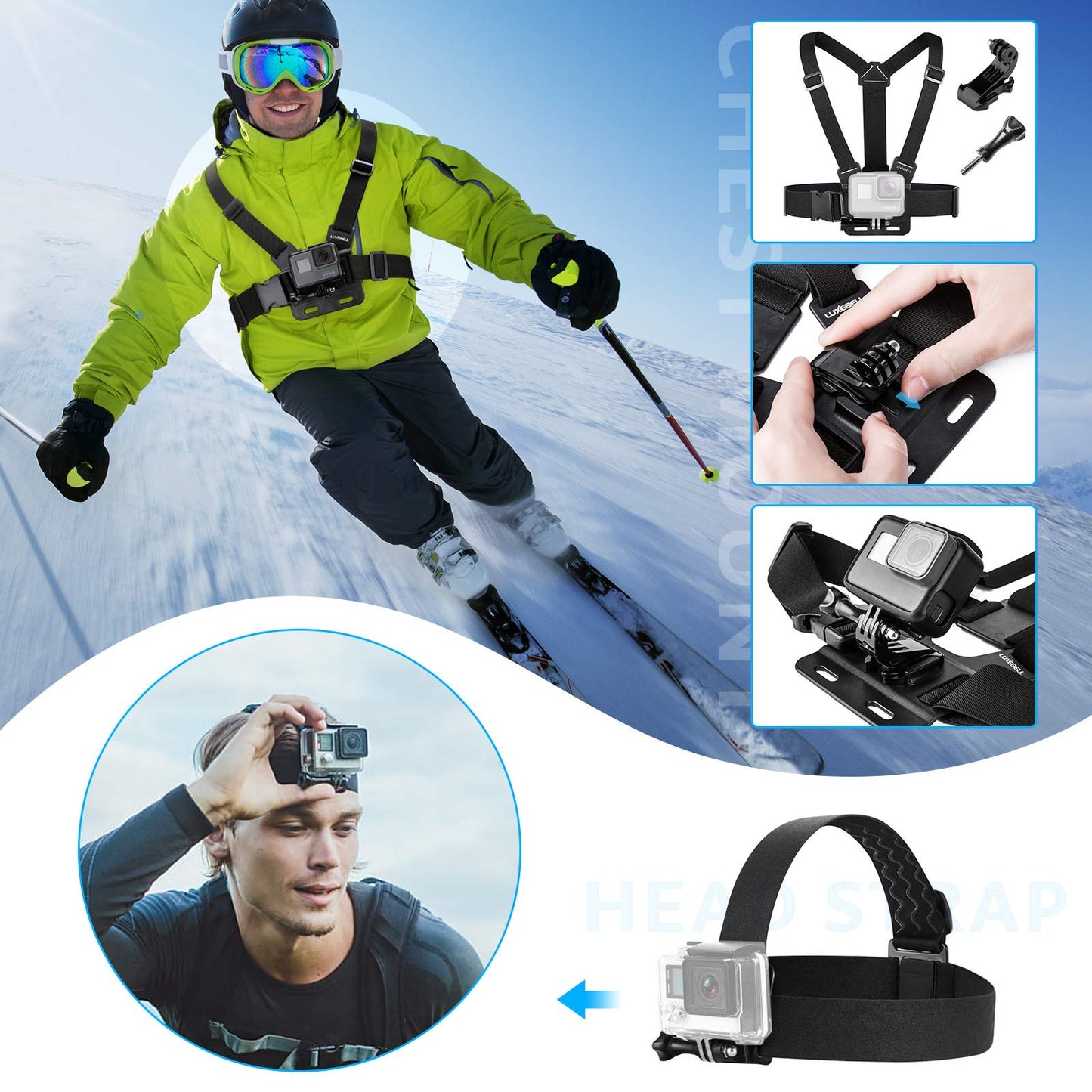 Luxebell Accessories Kit for AKASO EK5000 EK7000 4K WiFi Action Camera GoPro Hero 12 11 10 9 8 7 6 5/Session 5/Hero 4/3+/3/2/1 Max Fusion SJ4000