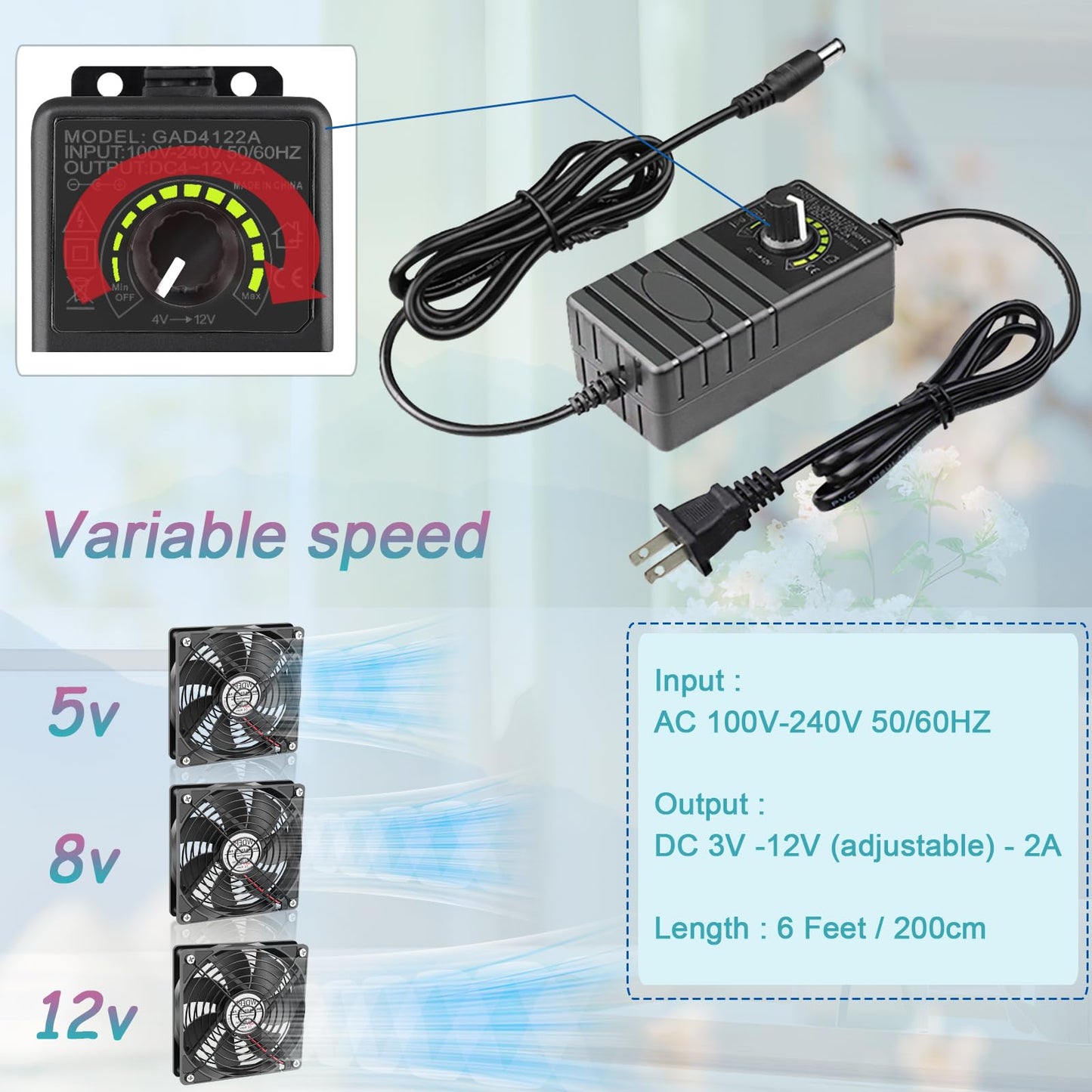 WDERAIR 120mm x 25mm Computer Fan with AC Plug,110V 120V 220V 240V AC to DC 12V Variable Speed for Electronic, PS, Router, Xbox, Greenhouse, Modem