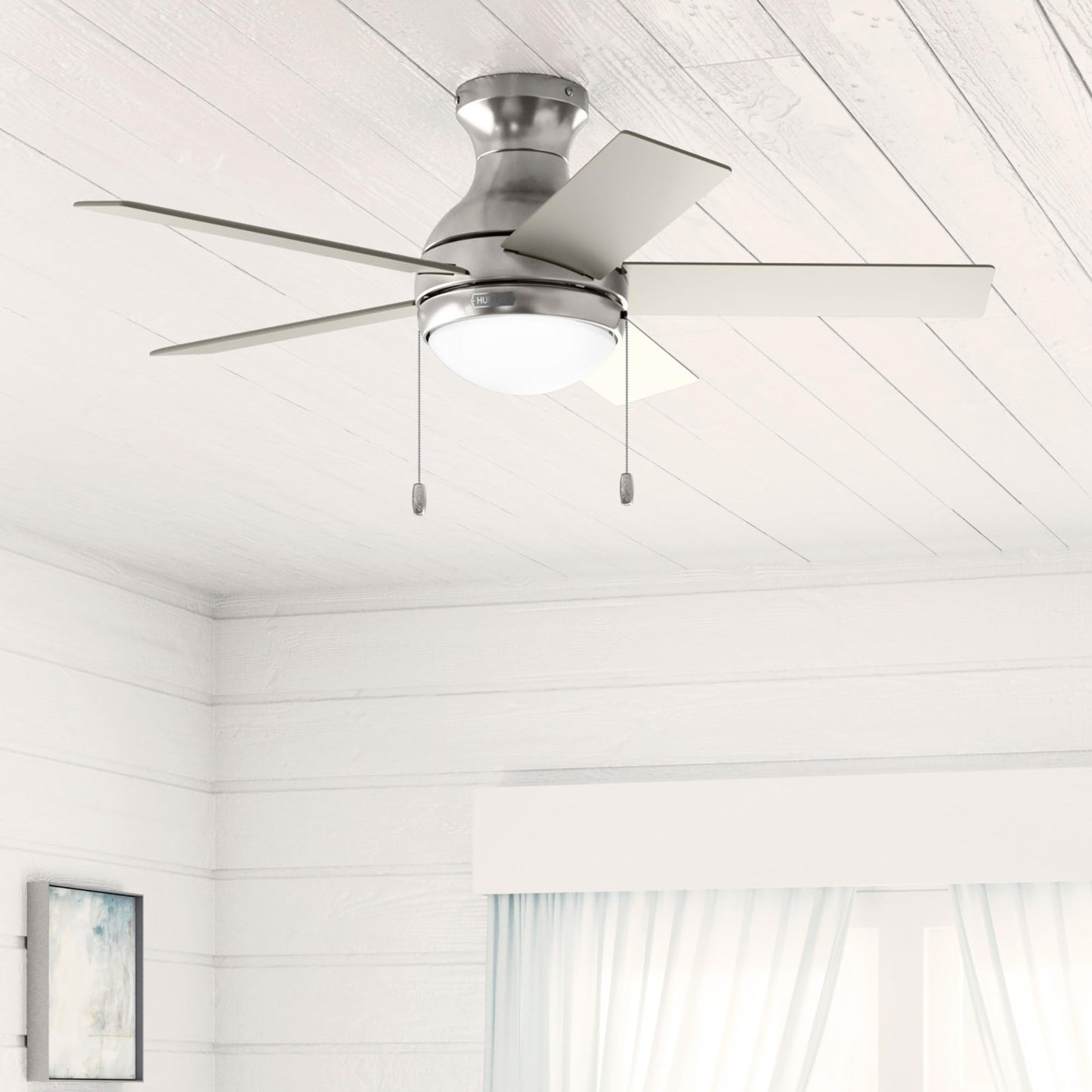 Hunter Fan 44 inch Low Profile Brushed Nickel Indoor Ceiling Fan with Light Kit and Pull Chain (Renewed)