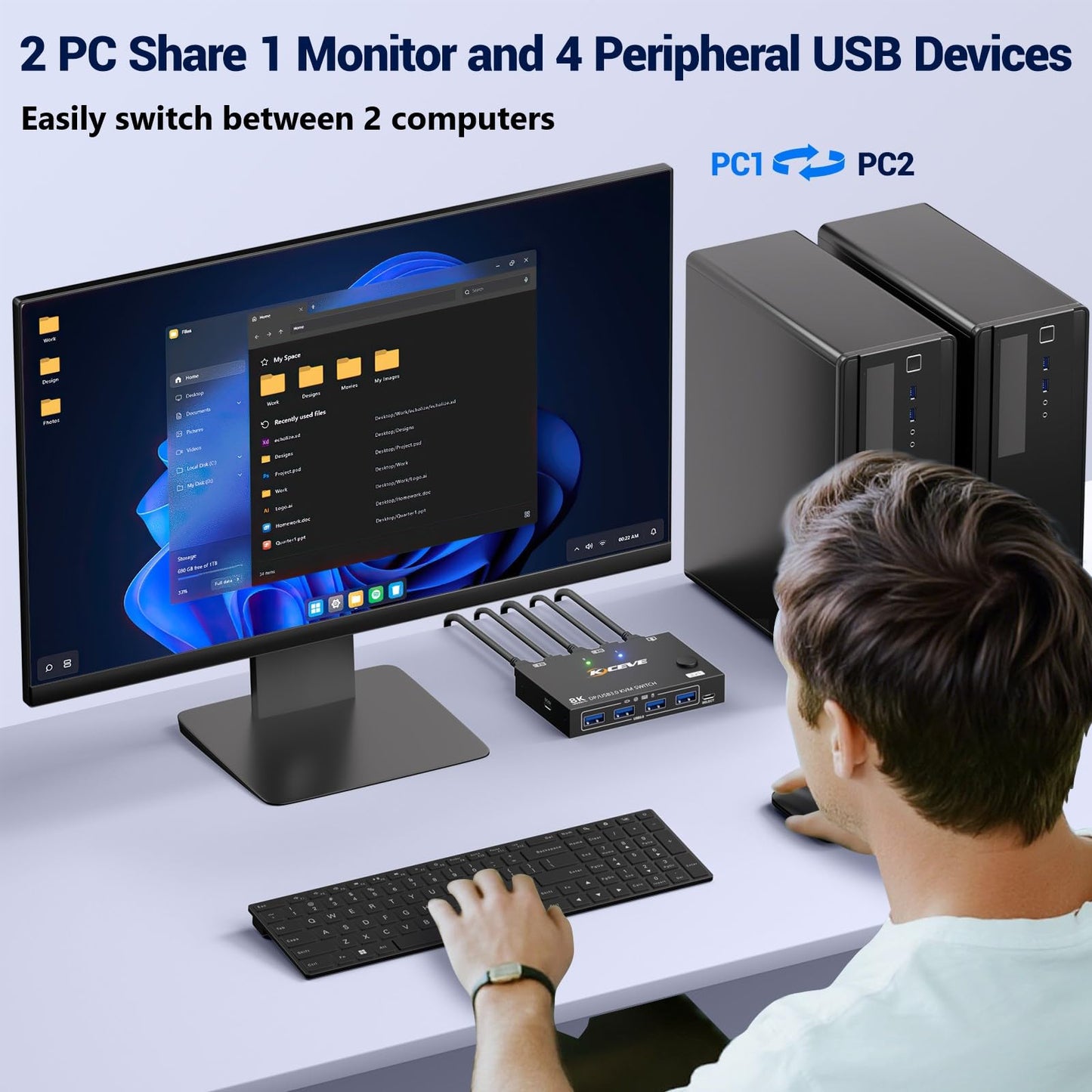 MLEEDA Displayport KVM Switch 1 Monitors 2 Computers 8K@30Hz 4K@144Hz, USB3.0 DP KVM Switches for 2 Computers Sharing Single Monitor and Keyboard