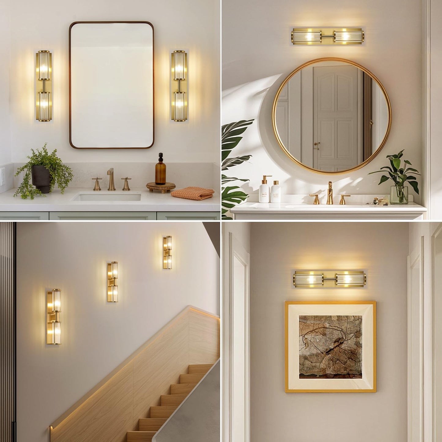 ECOBRT 2-Light Modern Vanity Wall Lamp in Brushed Brass, Industrial Bathroom Lighting with Glass Rod Shades, Adjustable Modern Mirror Lights