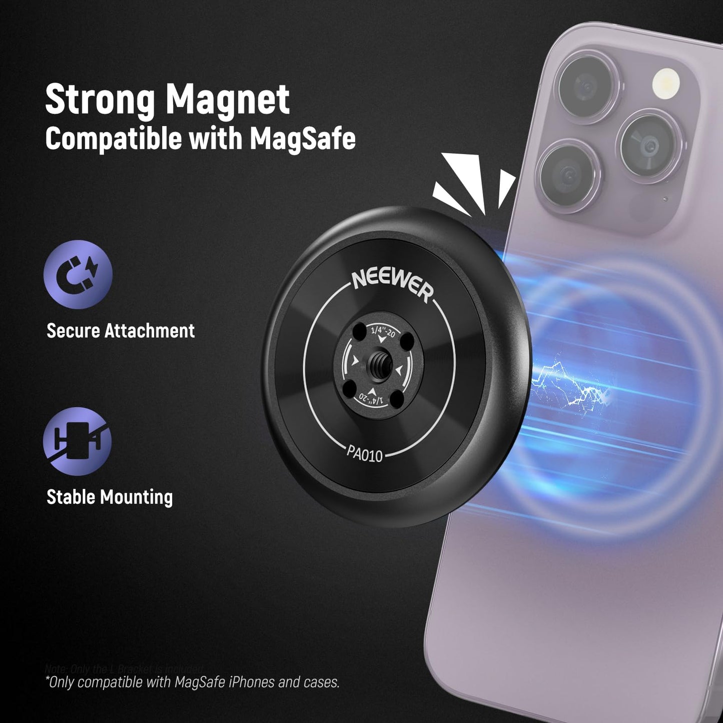 Neewer Magnetic Phone Tripod Mount Adapter with Adhesive Magnetic Ring 2 Pack Compatible with MagSafe iPhone 16 15 Pro Max Plus 14 13 12, 1/4" Thread