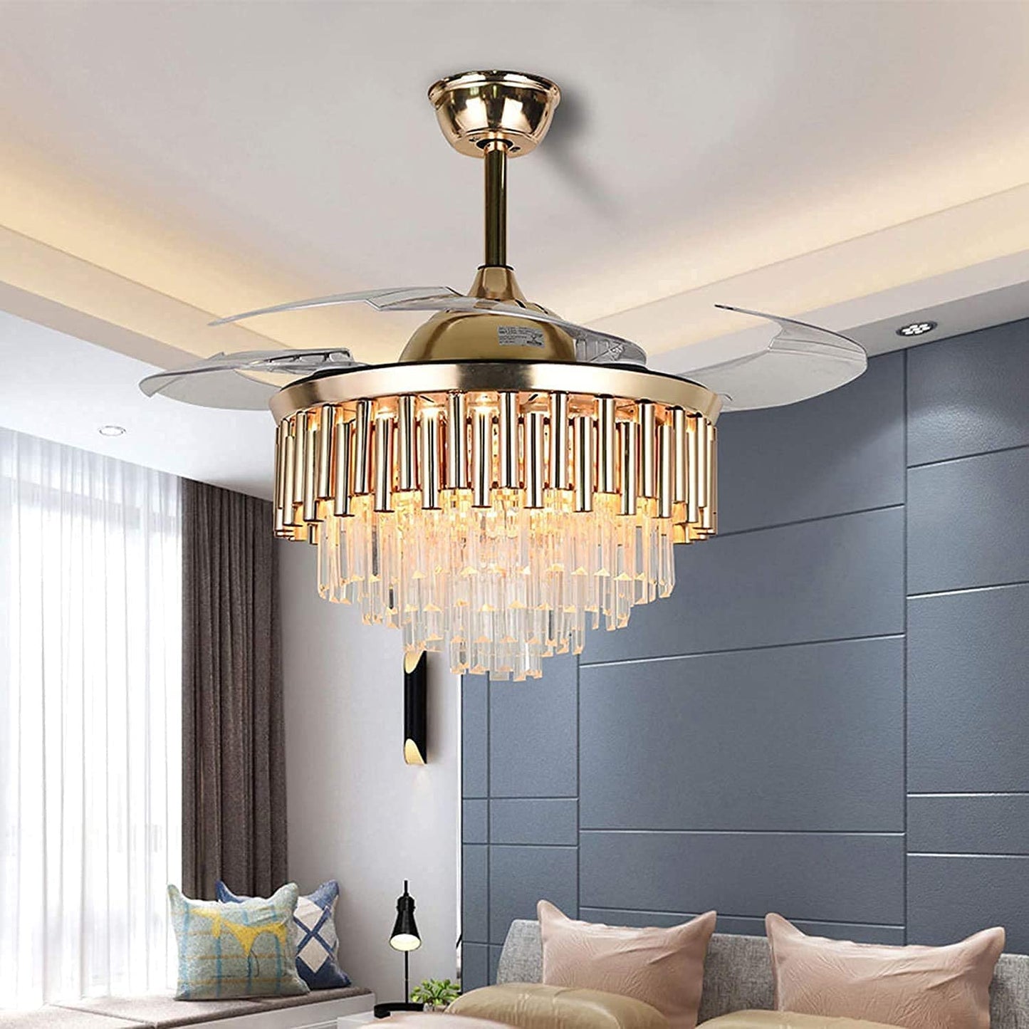 ONELLH Crystal Ceiling Fans Chandelier Indoor with LED Light 3 Colors Gold Fandelier with Retractable Blades 3 Speeds for Living Room Bedroom