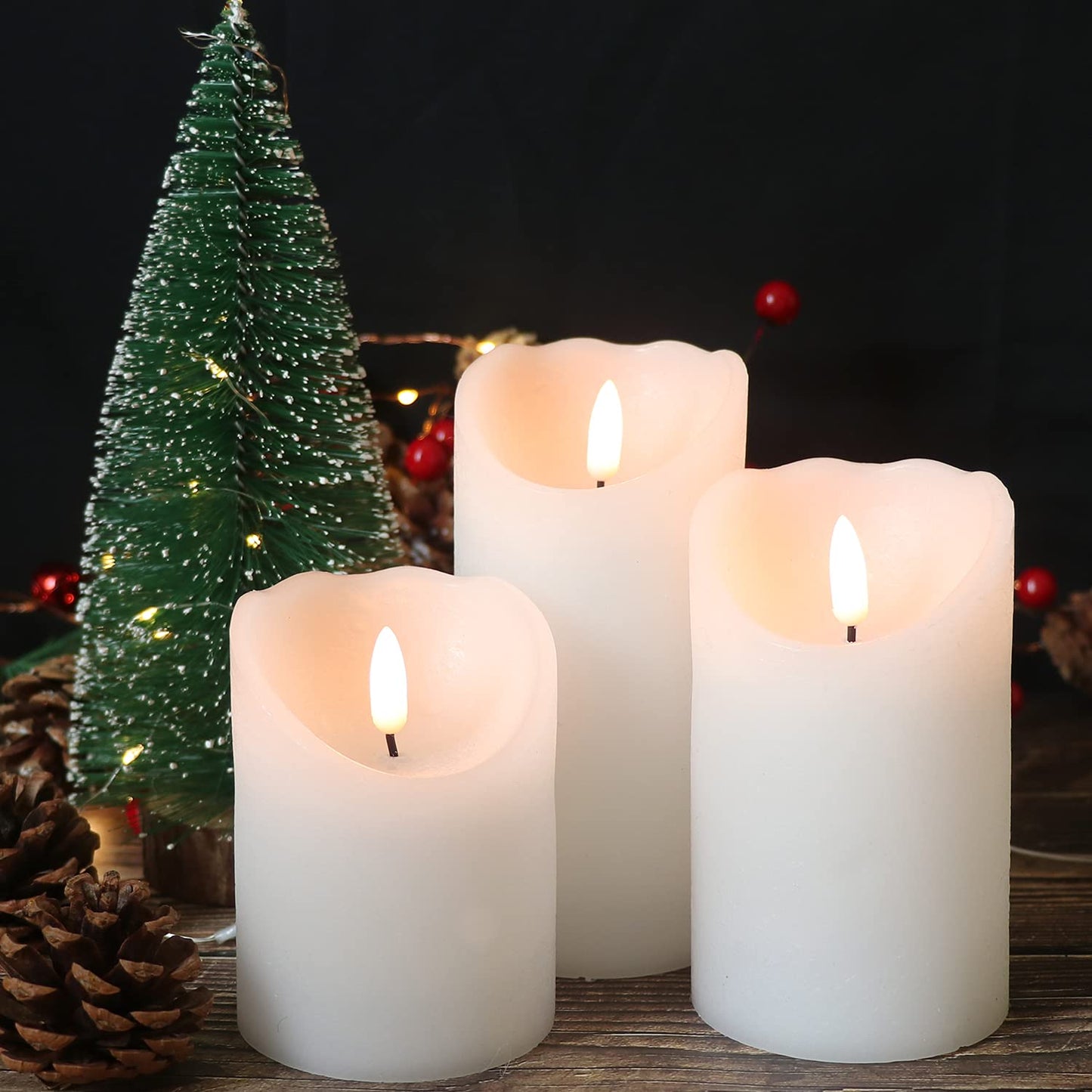 Eldnacele Battery Operated Flameless Candles with Remote and Timer, Set of 3 White Real Wax LED Pillar Candles 3D Wick Flickering Dimmable Light