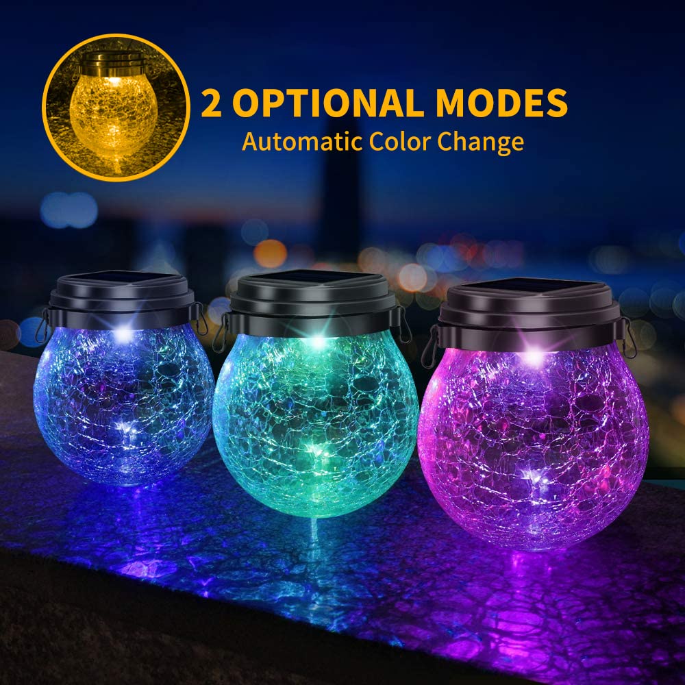 DBF Solar Lanterns Outdoor 2 Pack - Waterproof IP65 Hanging Solar Lights with Warm Amber & RGB Colors, Crackle Glass LED Ball Lights Globes Garden