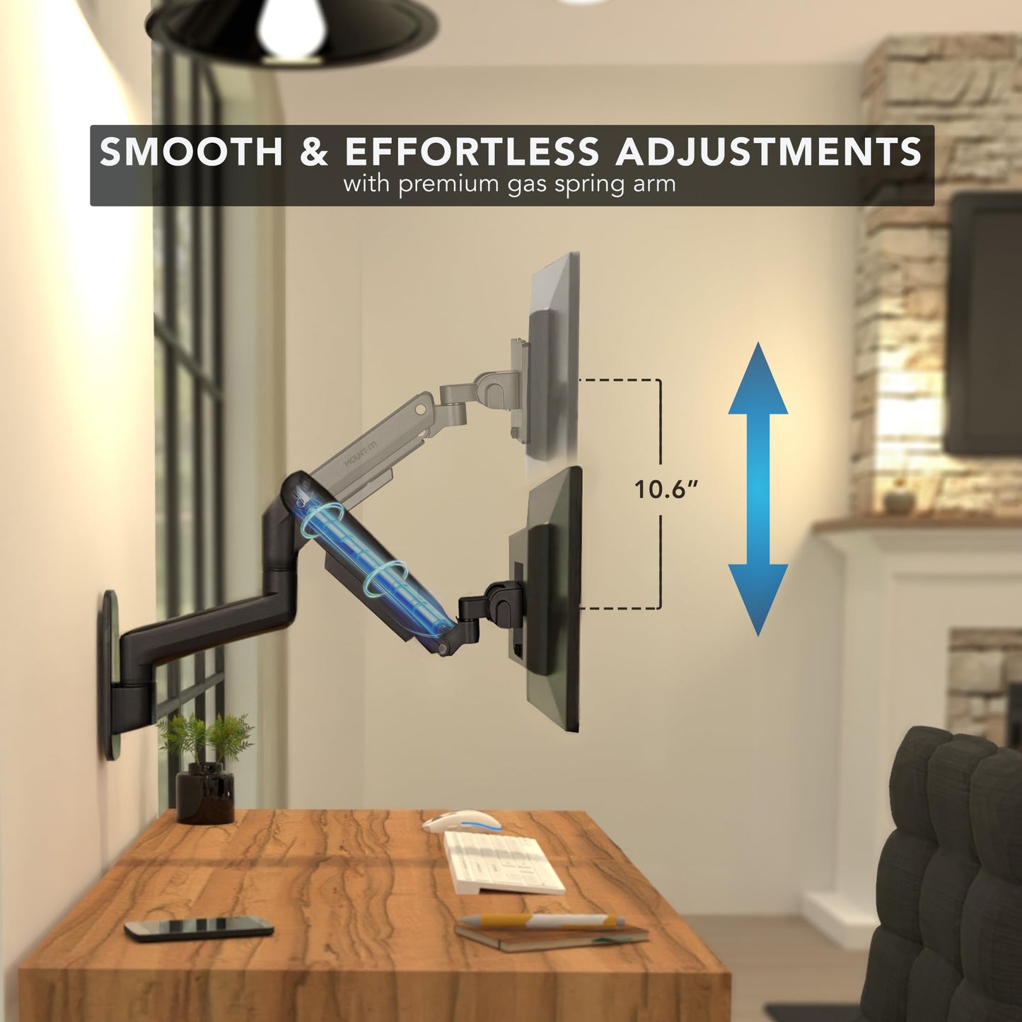 Mount?It! Heavy?Duty Wall Mount Arm for 49? Curved & Ultrawide Monitors, Gas?Spring Full Motion, 23.5? Reach, 44 lb Capacity, VESA 75/100, Single?Stud