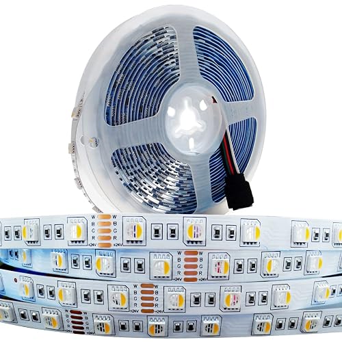 Tesfish 24V LED Strip Lights, 4 in 1 RGBWW RGB + Warm White 3000K 16.4ft Mixed Color Rope Light Strip SMD 5050 IP20 300 LEDs for Bedroom, Kitchen