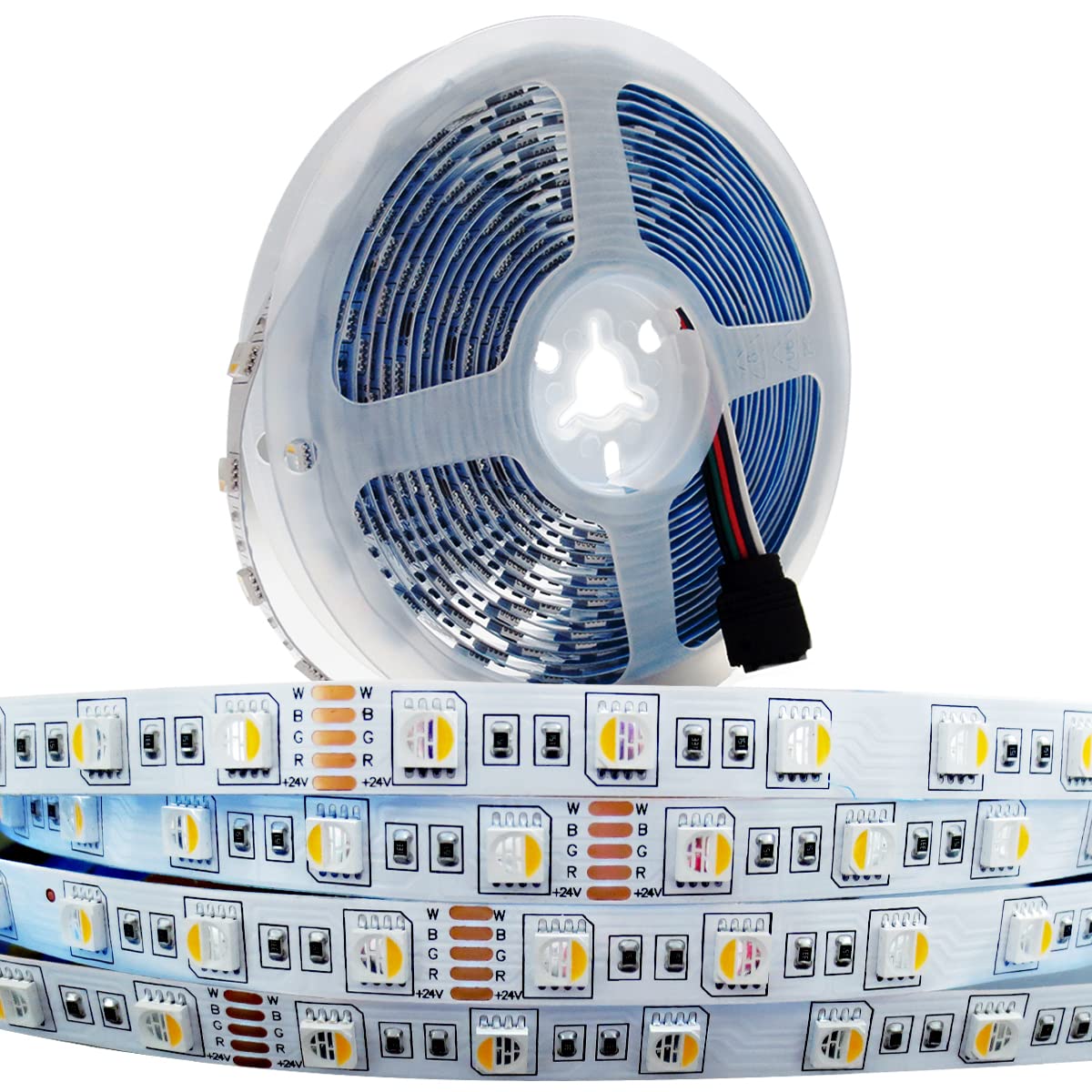 Tesfish 24V LED Strip Lights, 4 in 1 RGBWW RGB + Warm White 3000K 16.4ft Mixed Color Rope Light Strip SMD 5050 IP20 300 LEDs for Bedroom, Kitchen