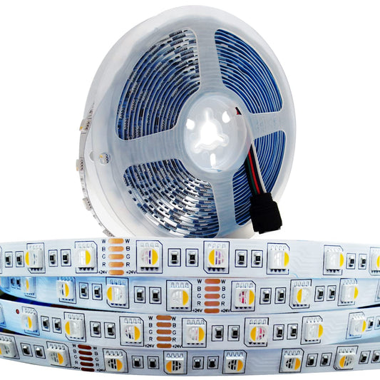 Tesfish 24V LED Strip Lights, 4 in 1 RGBWW RGB + Warm White 3000K 16.4ft Mixed Color Rope Light Strip SMD 5050 IP20 300 LEDs for Bedroom, Kitchen