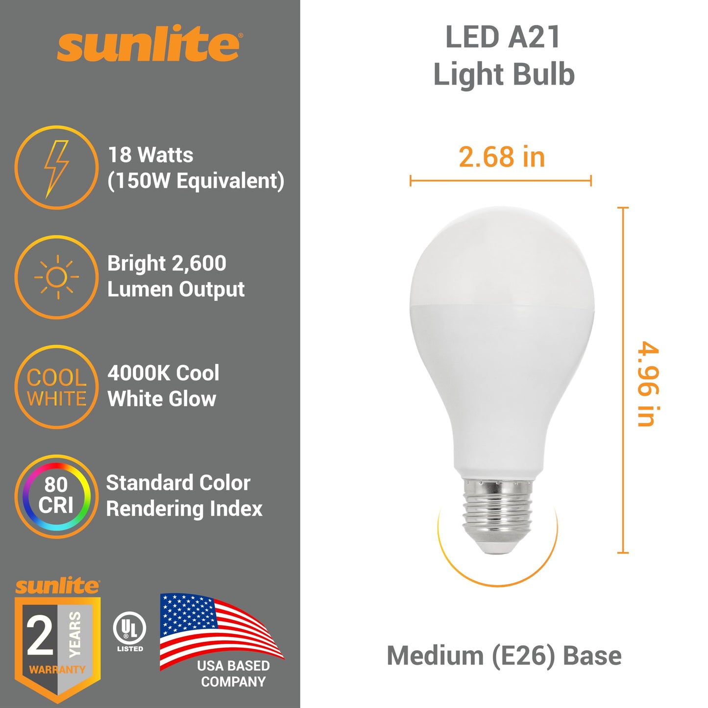 Sunlite LED A21 Light Bulb, 18 Watts (150W Equivalent), 2600 Lumens, 120V, Dimmable, Medium E26 Base, 220 Degree Beam Angle, UL Listed, RoHS